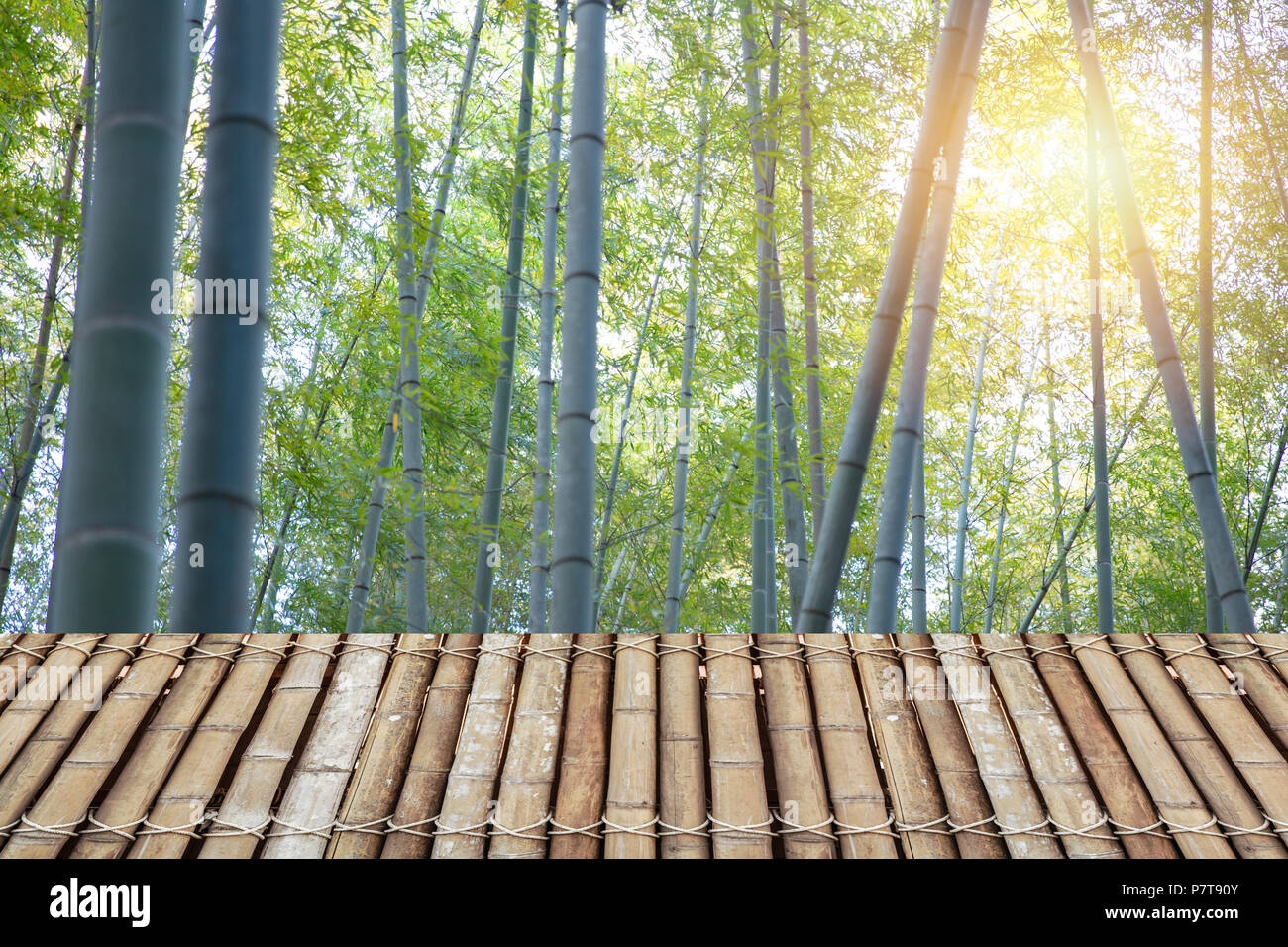 Bambus Wald Holz Hintergrund mit Holztisch für Natur Produkte anzeigen Stockfoto