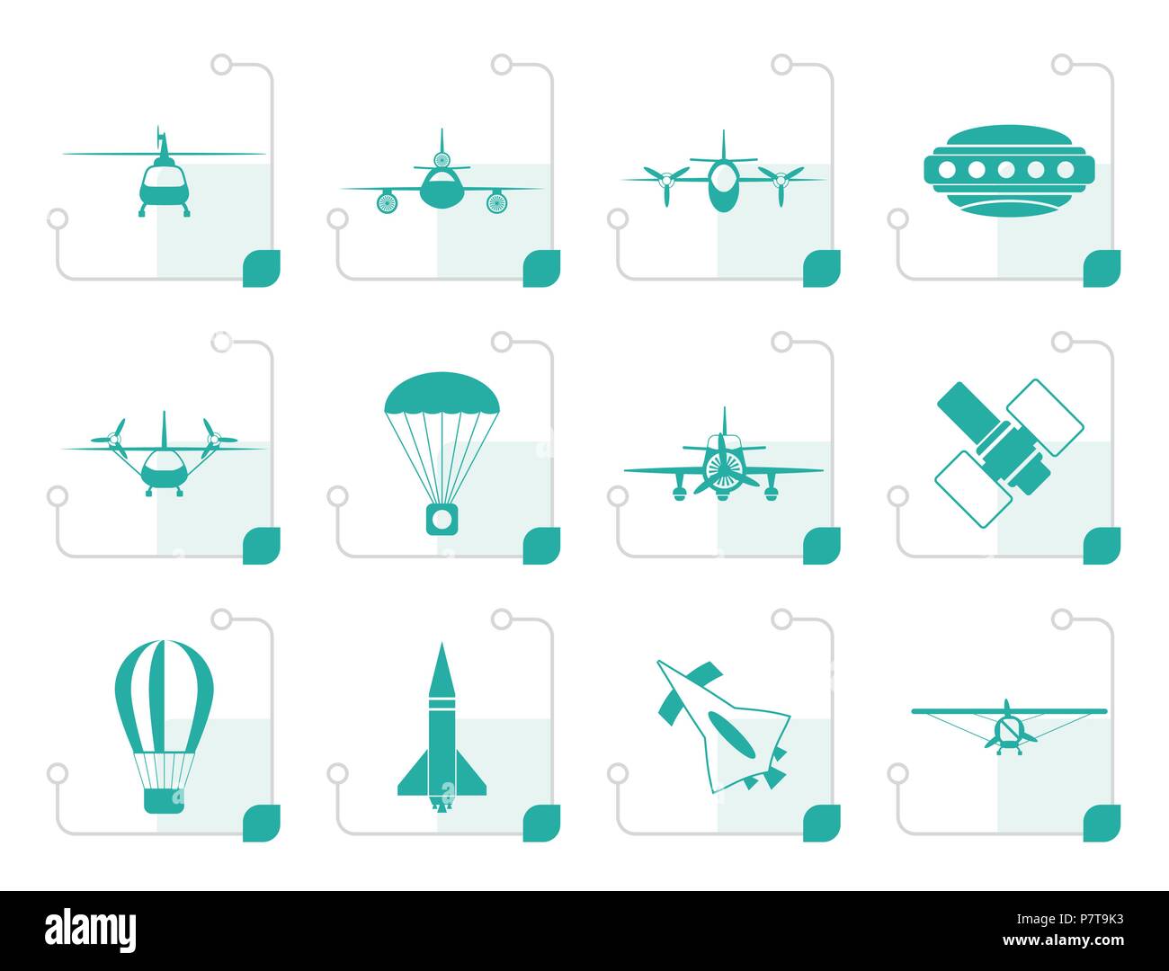 Stilisierte verschiedene Flugzeugtypen Illustrationen und Symbole - Vektor Icon Set 2 Stock Vektor