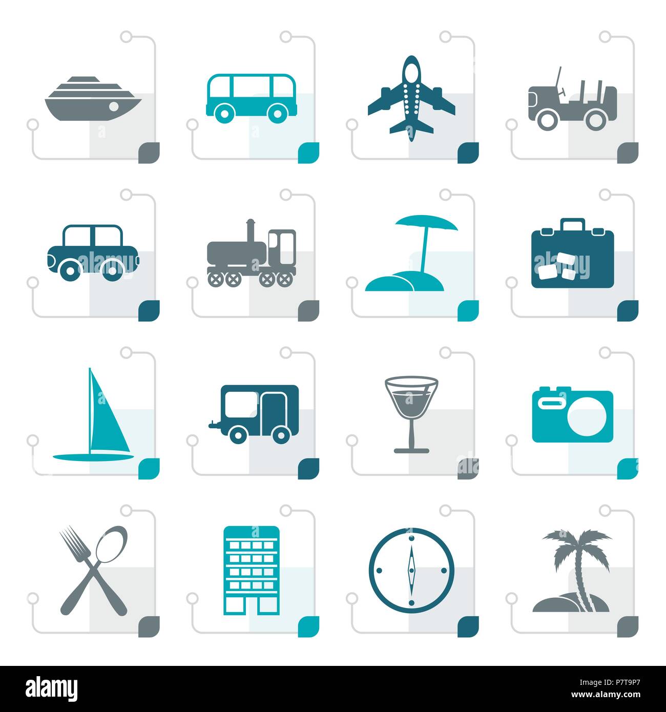 Stilisierte Reisen, Verkehr, Tourismus und Urlaub Symbole - Vektor Icon Set Stock Vektor
