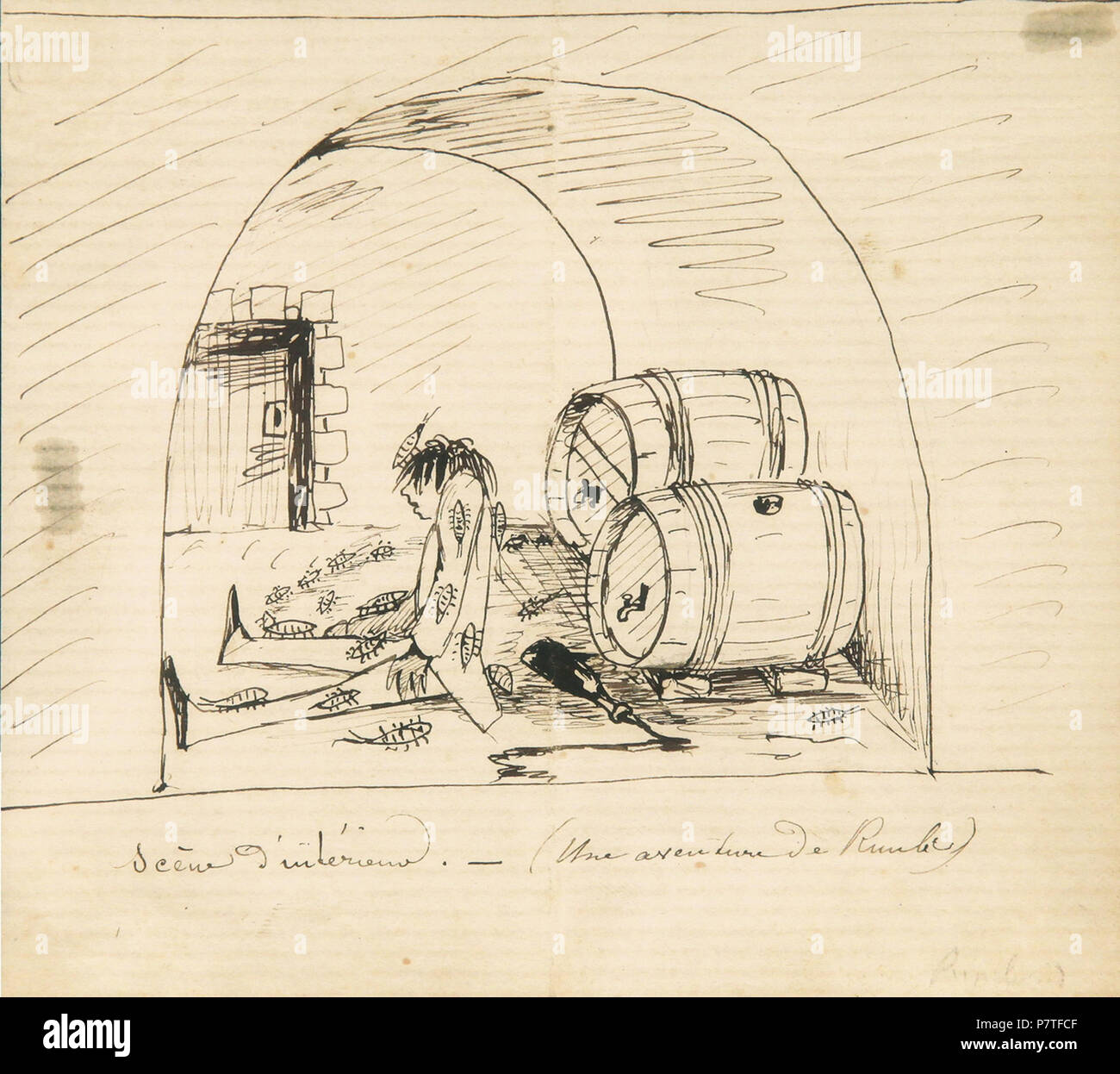 Dessin à la Plume d'Ernest Delahaye: Scène d'intérieur (Une aventure de Rimb') Vers 1875. Au dos d'une Lettre (130 x 116 mm). Vente Sotheby's 15. Dezember 2010, Paris. n° de Los 107 (27 150 €). ca. 1875 131 Delahaye dessin Rimbaud Stockfoto