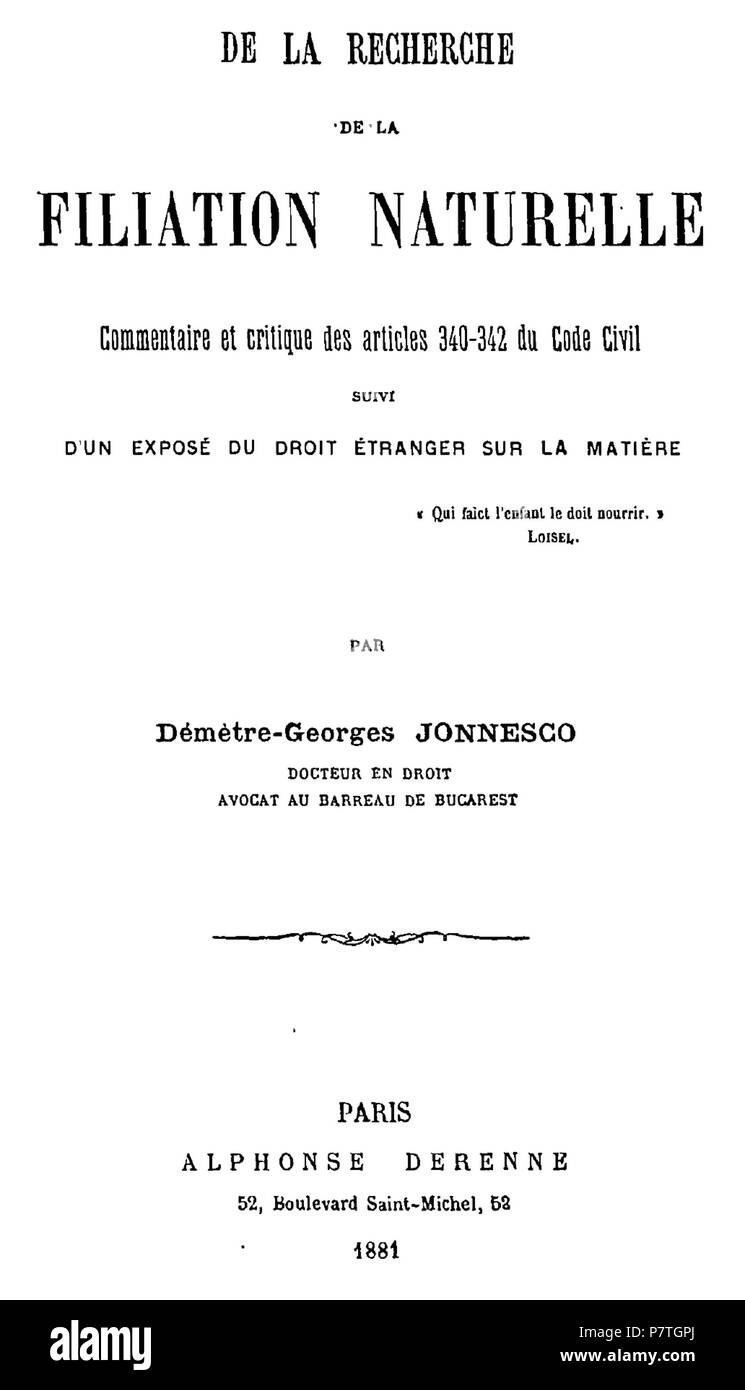 4 1881-Take Ionescu - Teza de Arzt in drept al Universităţii din Paris Stockfoto