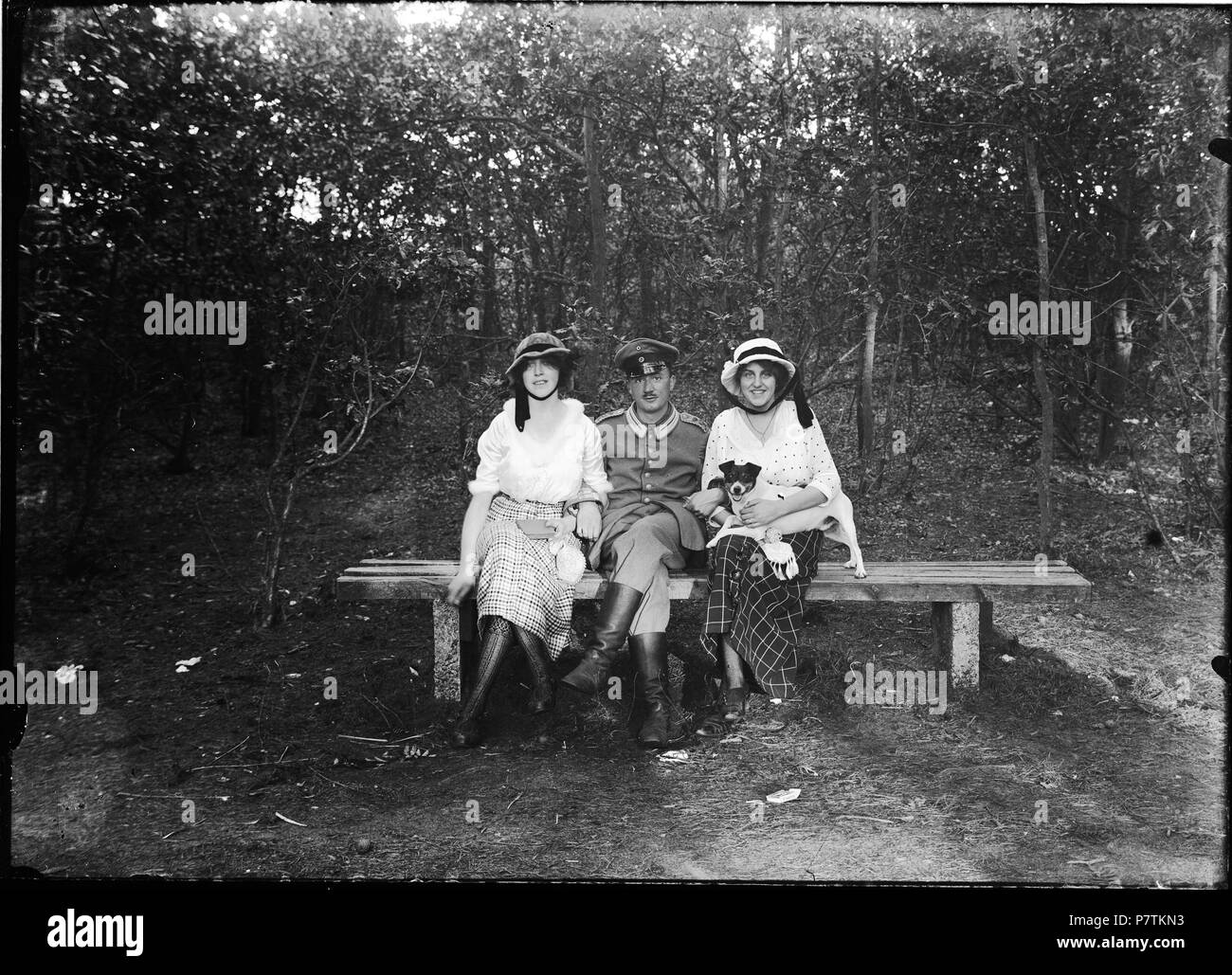 Bankje in Het Bos, met een Duitse militair daarop geflankeerd Tür twee vrouwen. De vrouw Dsub heeft een Hond op schoot.. 1916 32 Bankje in Het Bos, met een Duitse militair daarop geflankeerd Tür twee vrouwen - regionaal Archief Alkmaar-FO 1400139 Stockfoto