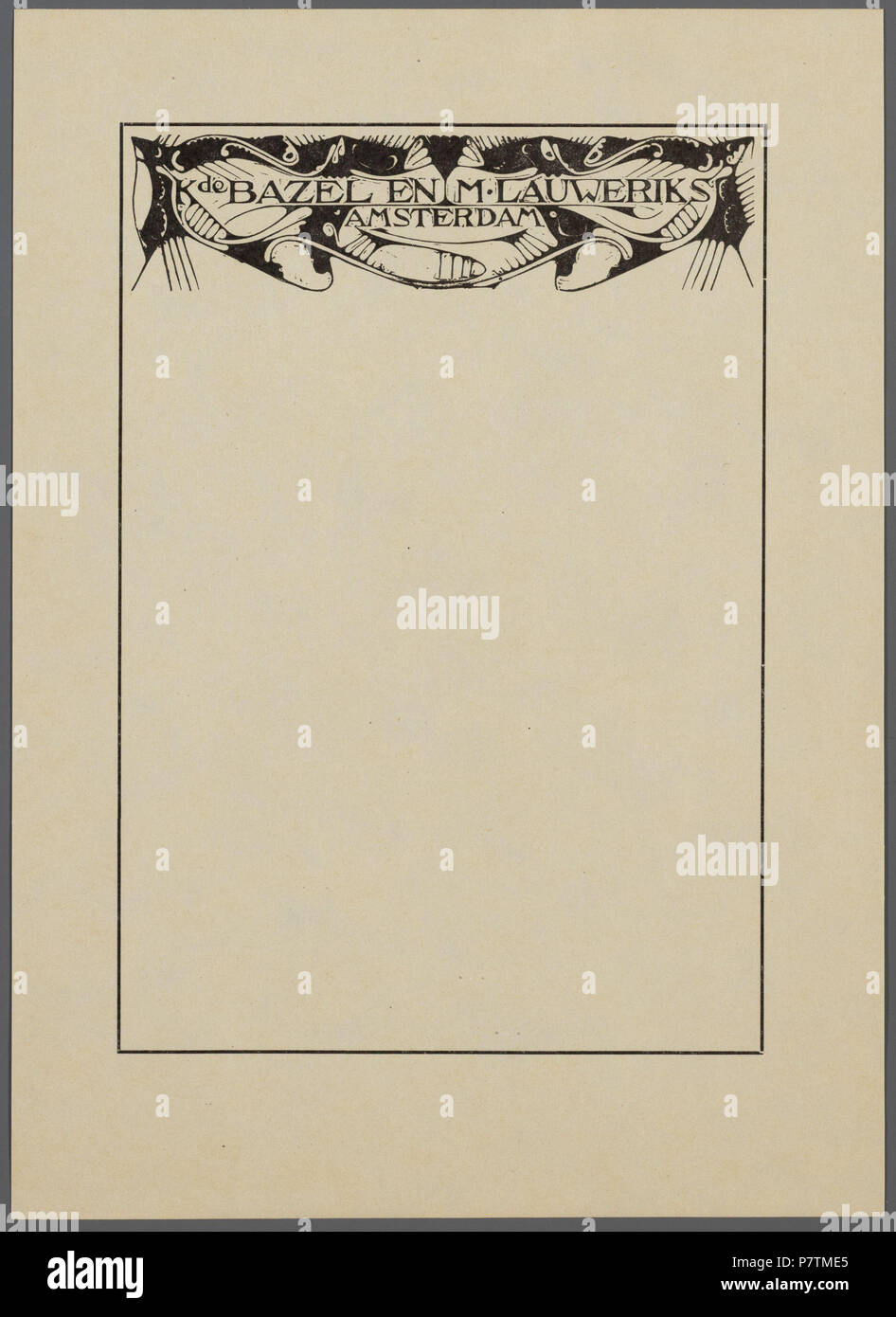 Deutsch: Beschreibung Briefhoofd: K. de Basel en M. Lauweriks, Amsterdam Houtsnede uit Het losbladig Album e K.P.C. houtsneden van de Basel', uitgegeven door S.L. Van Looy, Amsterdam, 1925. Documenttype prent Vervaardiger Basel, Karel Pieter Cornelis, de (1869-1923) Collectie Collectie Stadsarchief Amsterdam: tekeningen en prenten Datering 1925 Inventarissen Http://archief.amsterdam/archief/10097/10005922 Afbeeldingsbestand 010054000012 058. 1925 35 Basel, Karel Pieter Cornelis, de (1869-1923), Afb 010054000012 058 Stockfoto
