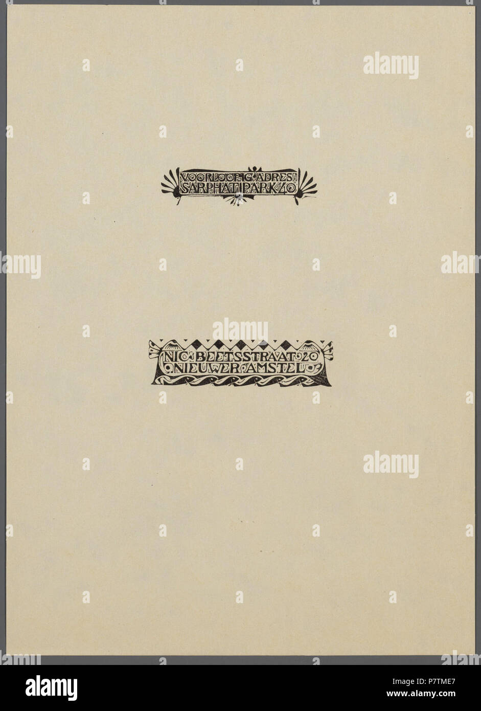 Deutsch: Beschreibung: Adresvigneten Sarphatipark 40 DE-NIC. 20 Beetsstraat Houtsnede uit Het losbladig Album 'De K.P.C. houtsneden van de Basel', uitgegeven door S.L. Van Looy, Amsterdam, 1925. Documenttype prent Vervaardiger Basel, Karel Pieter Cornelis, de (1869-1923) Collectie Collectie Stadsarchief Amsterdam: tekeningen en prenten Datering 1925 Inventarissen Http://archief.amsterdam/archief/10097/10005922 Afbeeldingsbestand 010054000012 063. 1925 35 Basel, Karel Pieter Cornelis, de (1869-1923), Afb 010054000012 063 Stockfoto