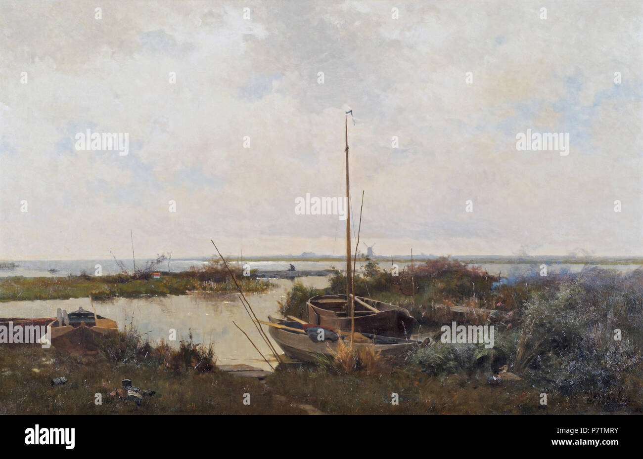 Englisch: Fluss Landschaft in der Nähe von Giethoorn Öl auf Leinwand 97 x 149,5 cm unterzeichnet b. r.: WB Tholen 1882. 1882 334 Flusslandschaft in der Nähe von Giethoorn, von Willem Bastiaan Tholen Stockfoto