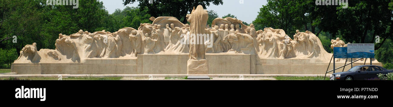 Englisch: Ein großes Bild, das lorado von Taft Brunnen der Zeit in seiner Gesamtheit zeigt. Am 14. Juni 2007 im 12.00 Uhr statt - Tag Sonne. Eine Renovierung Zeichen befindet sich auf der rechten Seite. Français: Fontaine du Temps. 14. Juni 2007 300 Panorama der Brunnen der Zeit Stockfoto