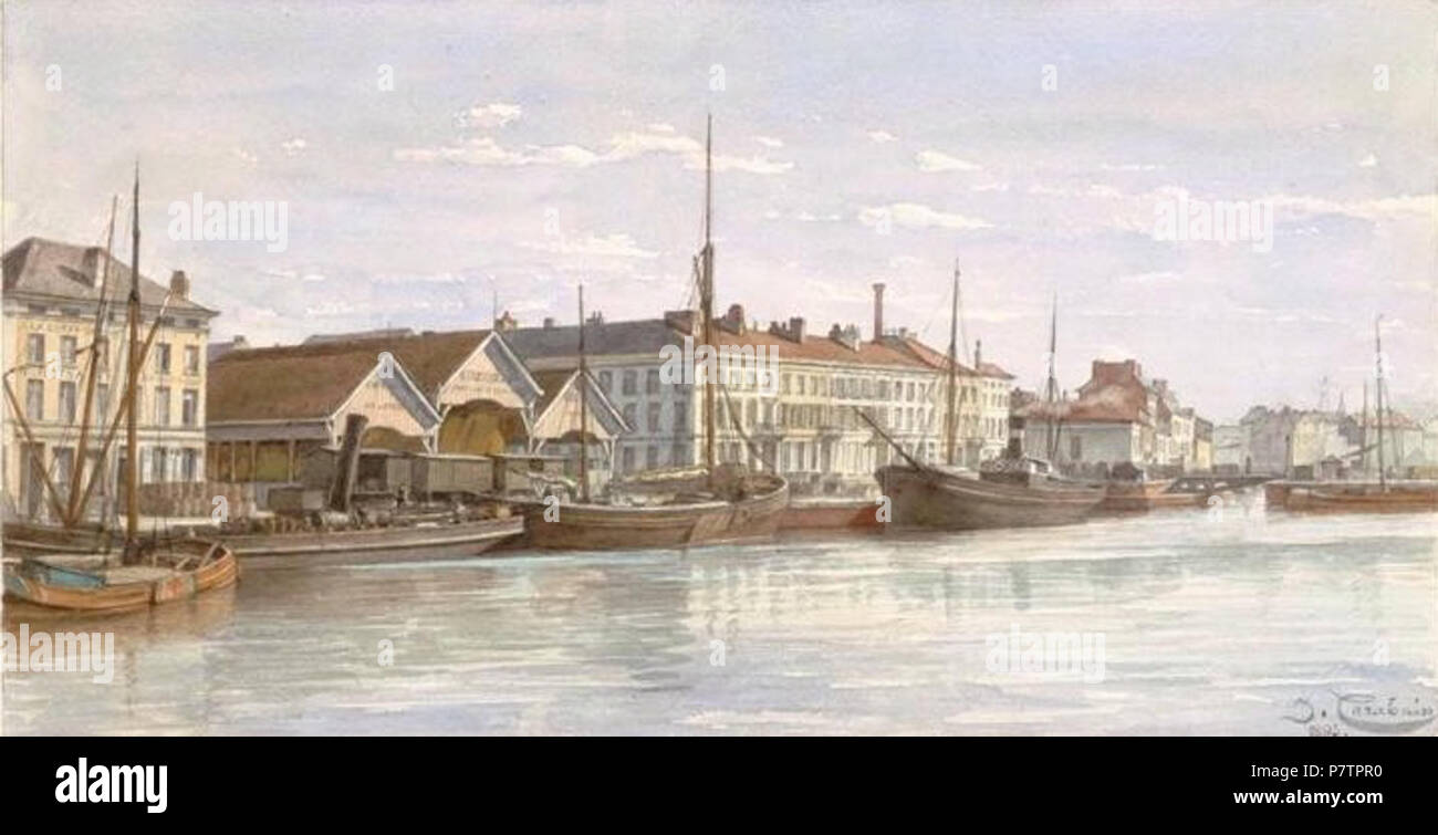 Englisch: Aquarel Gemälde von Jacques Cabarain des alten Brüssel (Grand Bassin oder Bassin du Commerce). 1890 s 60 Carab, 07. Stockfoto