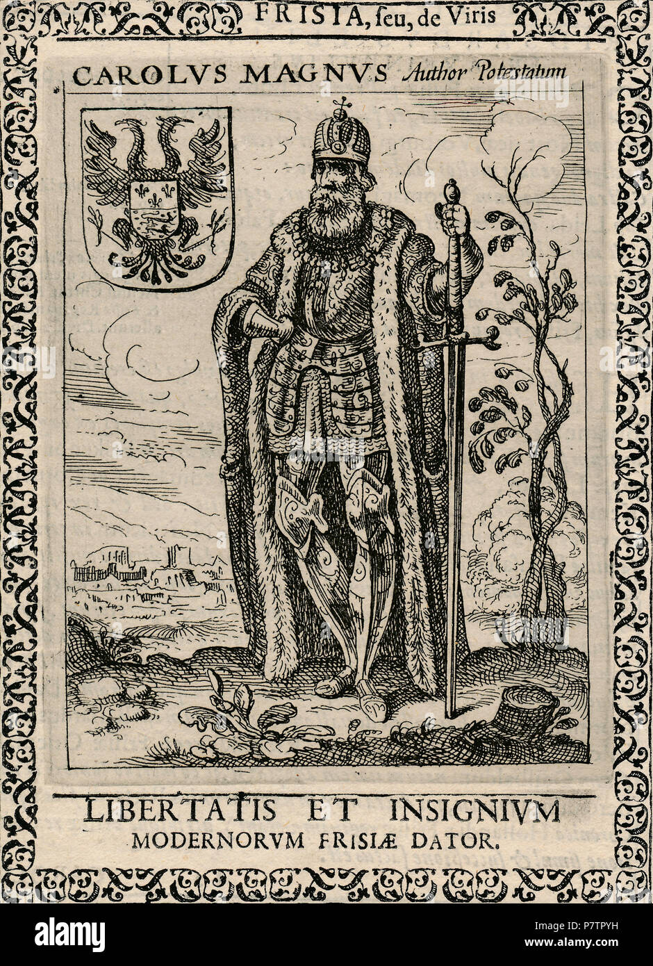 . Nederlands: Karel De Grote Englisch: Karl der Große. Nederlands: Tiefdruck van Karel De Grote, volle wapenrusting staand in Englisch: 1+ Gravur Karls des Großen stand in voller Rüstung. N/A61 Carolus Magnus Erfgoedcentrum Rozet 300 191 d 6C (95) 20171115 0001 Stockfoto