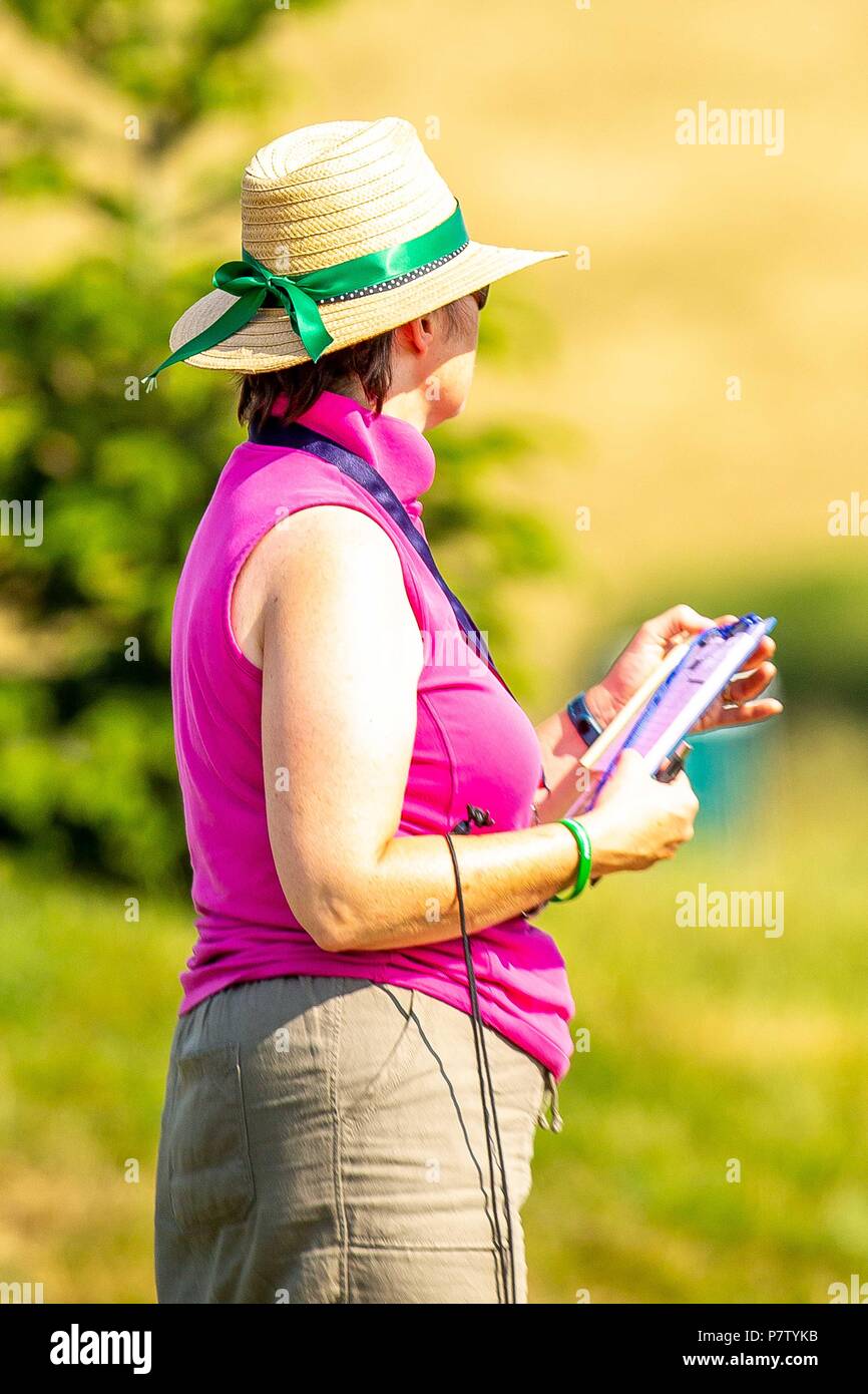 Zaun Stewards tragen grüne für Jonty. St James Place Barbury Horse Trials. Horse Trials. Cross Country. Barbury Castle. Wroughton. Somerset. UK. 06.07.2018. Stockfoto