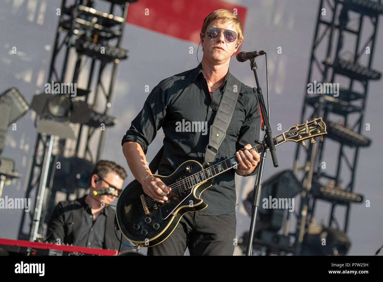 Hyde Park, UK. 7 Uhr Juli 2018, Interpol an Britische Sommerzeit, mit Paul Banks, Carlos Dengler, Daniel Kessler, Sam Fogarino, Greg Drudy, David Pajo, Guido Schneider, Tom Clark, UK. Hyde Park London durchführen. © / alamy Leben Nachrichten Stockfoto