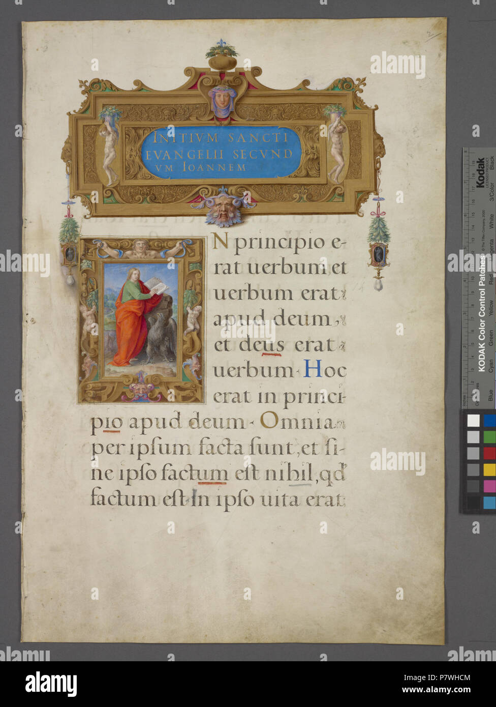 N/A. N/A 373 Titel und Miniatur St. Johannes der Evangelist, beide mit aufwändigen Gestaltung einschließlich der menschlichen Figuren. Eröffnung der Text. 1-line Gold und Blau Initialen (Nypl b 12455533-1610032) Stockfoto