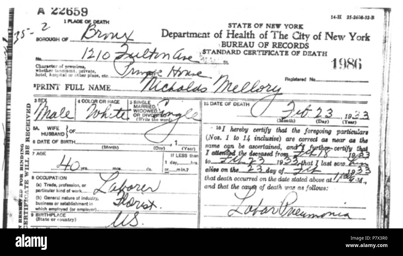 Englisch: siehe Datei Namen. 1933 130 Tod von Mike Malloy alias Nicolas Mellory Stockfoto