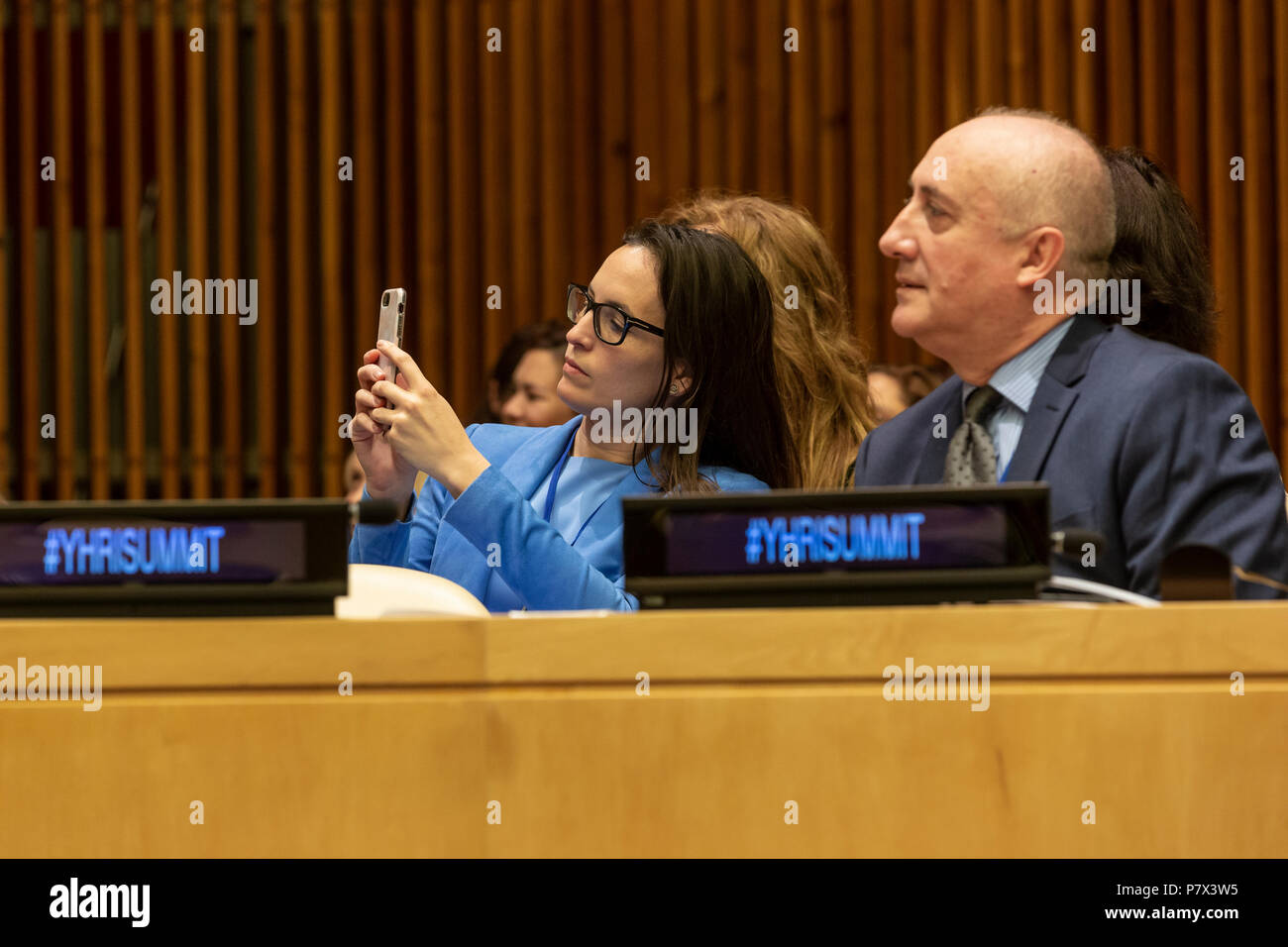New York, NY - Juli 6, 2018: Die 15. jährliche internationale Menschenrechte Gipfel am UN-Hauptsitz Stockfoto
