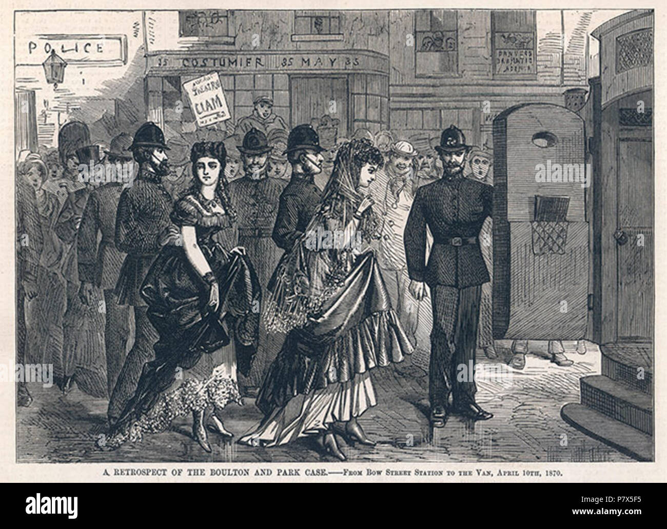 Englisch: Ernest Boulton und Frederick Park, die beide in voller ziehen, lassen Bow Street Magistrates' Court am 9. April 1870, am Morgen nach ihrer Verhaftung im Strand Theater. Foto: Der illustrierte Polizei Nachrichten / Mary Evans Picture Library. 9 April 1870 147 Ernest Boulton und Frederick Park verlassen Bug's Street Magistrat Hof Stockfoto