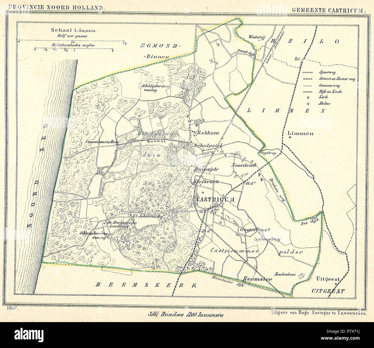 Kaart uit 1867 met de gemeentegrenzen van Castricum. Uit: J. Kuyper, Gemeente - Atlas van Nederland, 4e Deel, Noord-Holland, 1867. Vervaardiger: J. Kuyper. 25 Juni 2015, 08:56 169 Gemeente Castricum (18953264579) Stockfoto