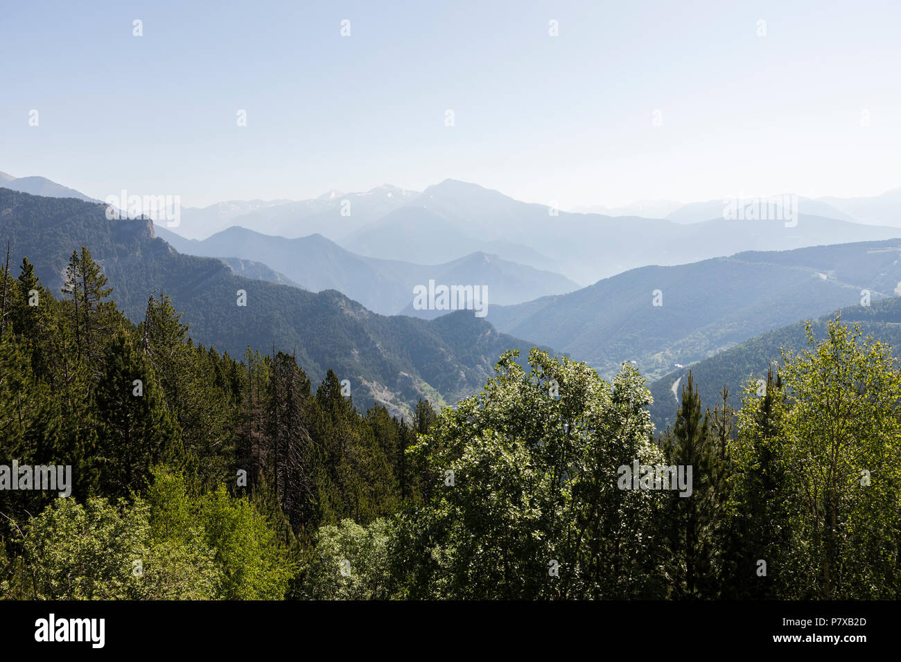 Landschaft auf dem Coll de la botella im Bereich Pal Arisal in Andorra Stockfoto