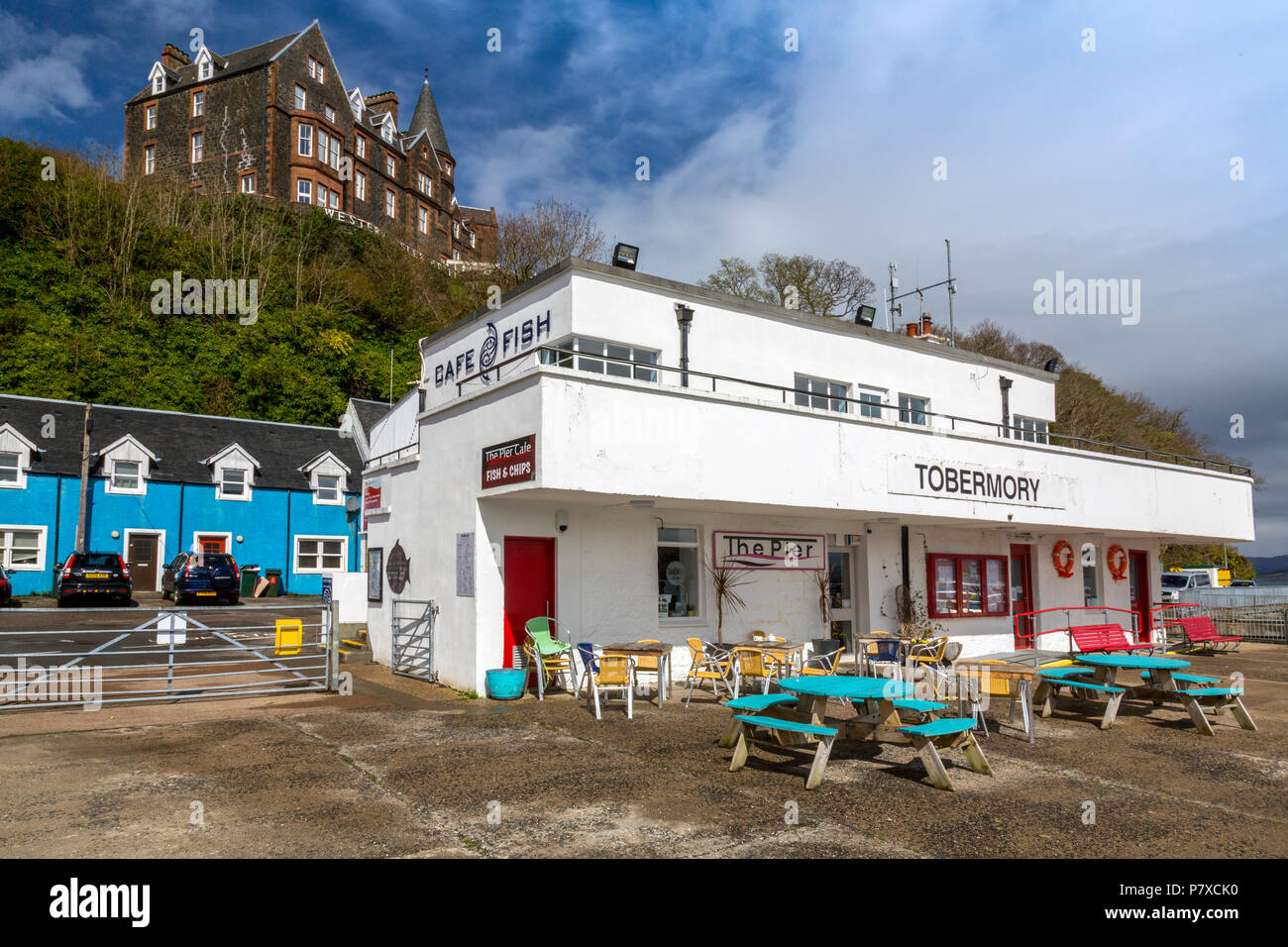 Die ehemalige Pier Head Offices in Tobermory, jetzt ein Fisch und chip Cafe, Isle of Mull, Argyll und Bute, Schottland, Großbritannien Stockfoto