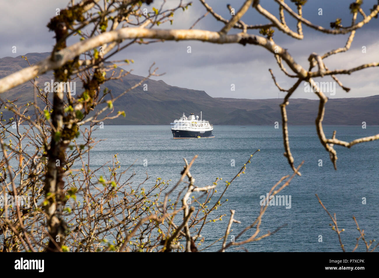 Das Kreuzfahrtschiff "Astoria" im Sound der Mull verankert, während seine Passagiere Tobermory, Isle of Mull, Argyll und Bute, Schottland, UK besuchen Sie Stockfoto