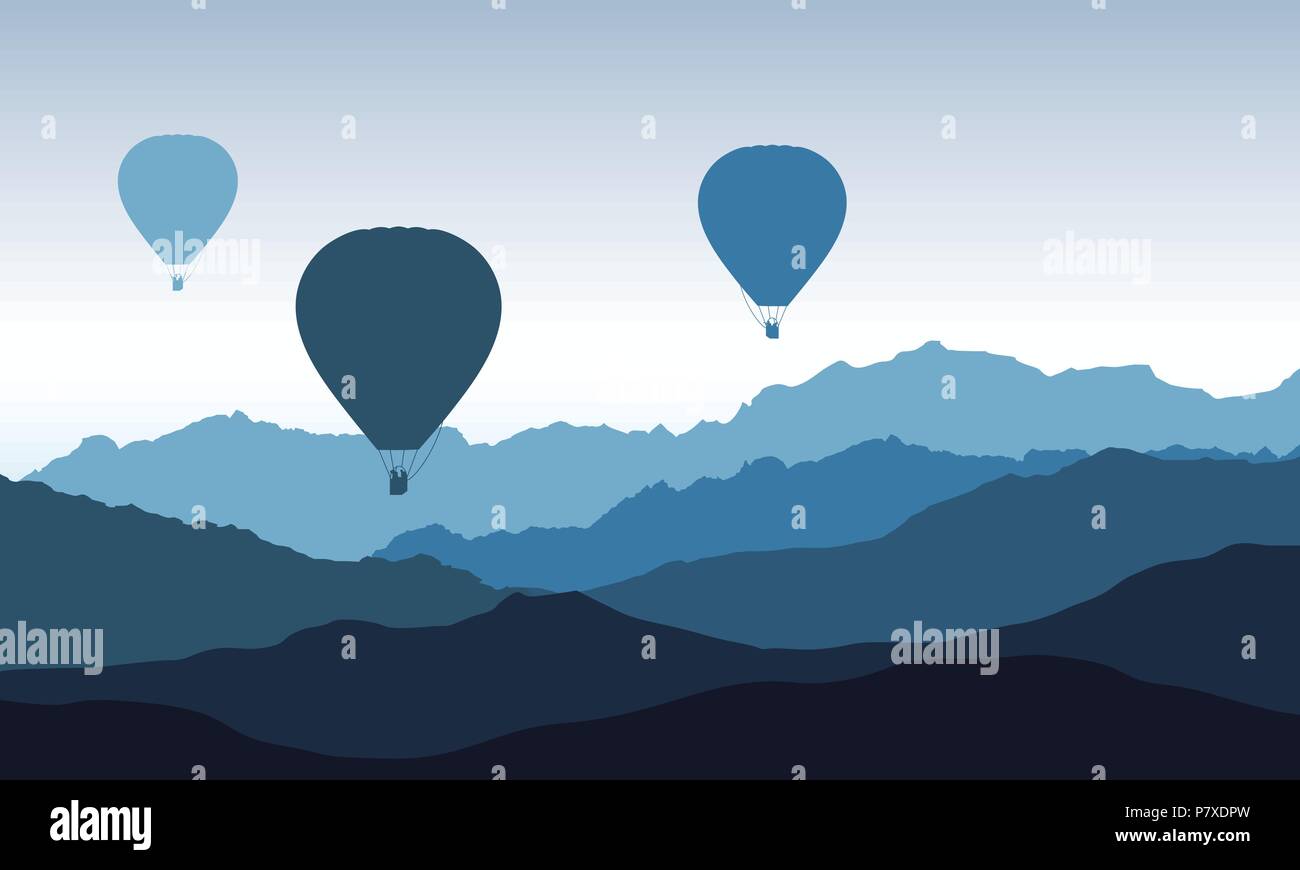 Berggipfel mit drei fliegenden Heißluftballons, mit blauen Morgenhimmel-Vektor Stock Vektor