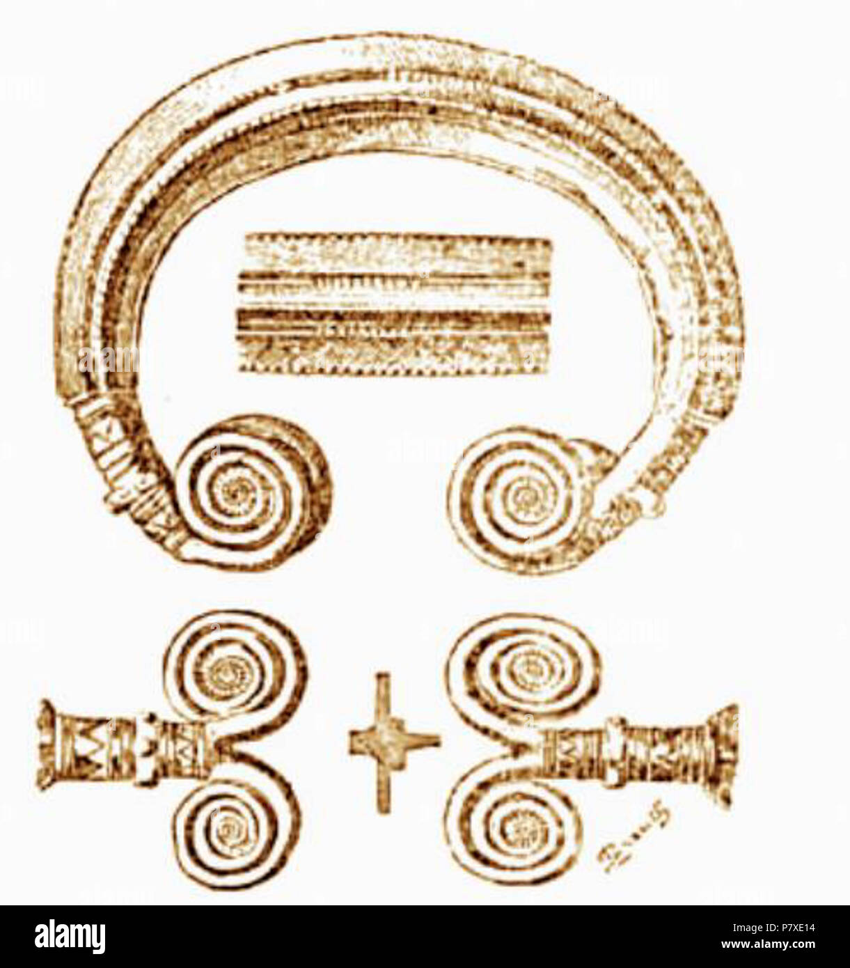 Englisch: die klassische Art der Dacian-Hallstattian gold bracele nach Vasile Parvan; archäologische Fund von Hajdúszoboszló, Hajdú-Bihar Grafschaft, Ungarn;. 1926 92 klassische Art der Dacian-Hallstattian Gold Armband Stockfoto