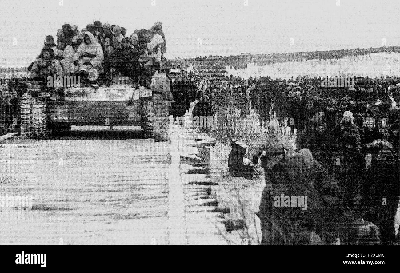 Italiano: Uno Stug III in Movimento accanto Alle Colonne in Rotta dell'Asse dopo Lo sfondamento del Fronte del Don. Dezember 1942 334 Ritirata 2 Stockfoto