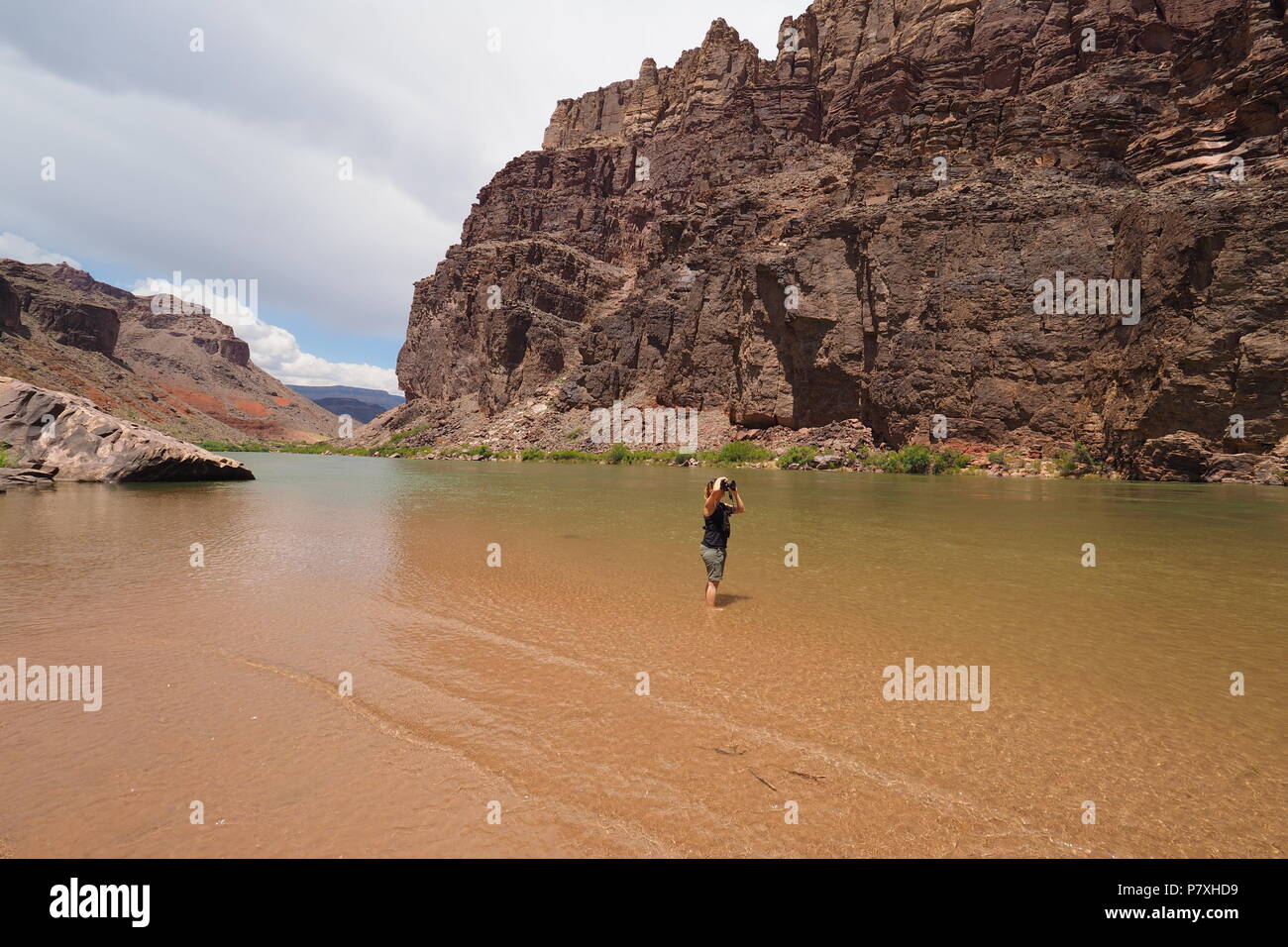 Frau fotografieren der Granite Gorge zum Strand auf dem Colorado River oben Hance Stromschnellen im Grand Canyon National Park, Arizona, United States. Stockfoto