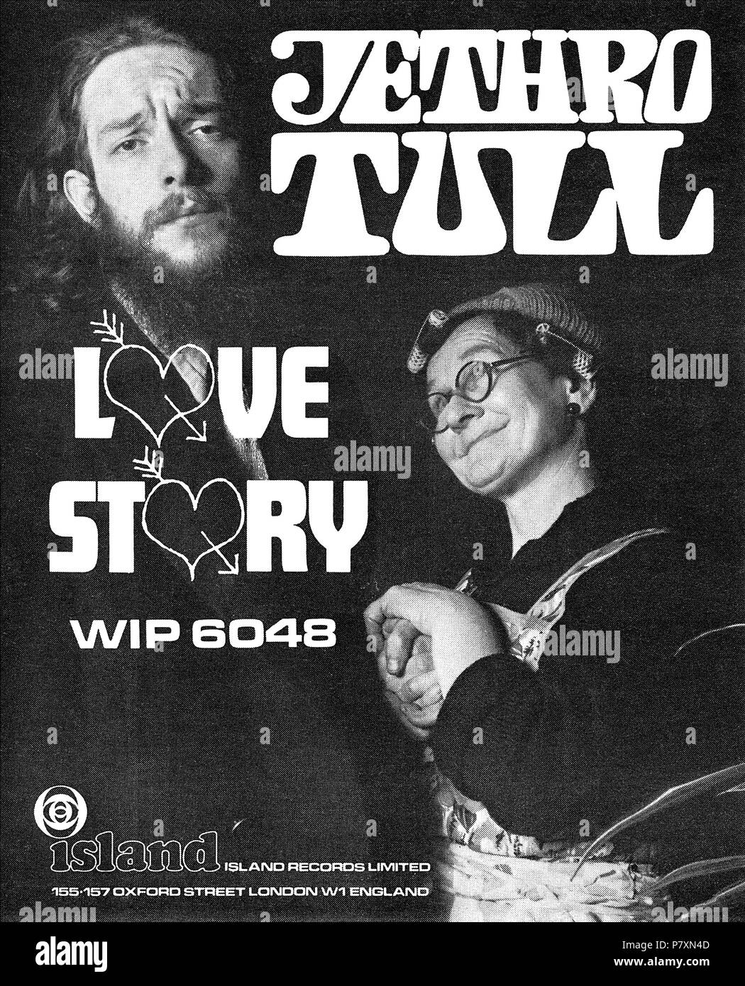 1968 britischen Werbung für die 7'45 rpm Single Love Story von Jethro Tull auf Island Records, Ian Anderson. Stockfoto