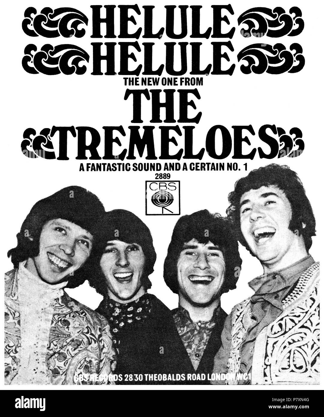 1968 britischen Werbung für 7'45 rpm single Helule Helule von den Tremeloes auf CBS Records, Rick West, Alan Blakley, Dave Munden und Len Chip Hawkes. Stockfoto