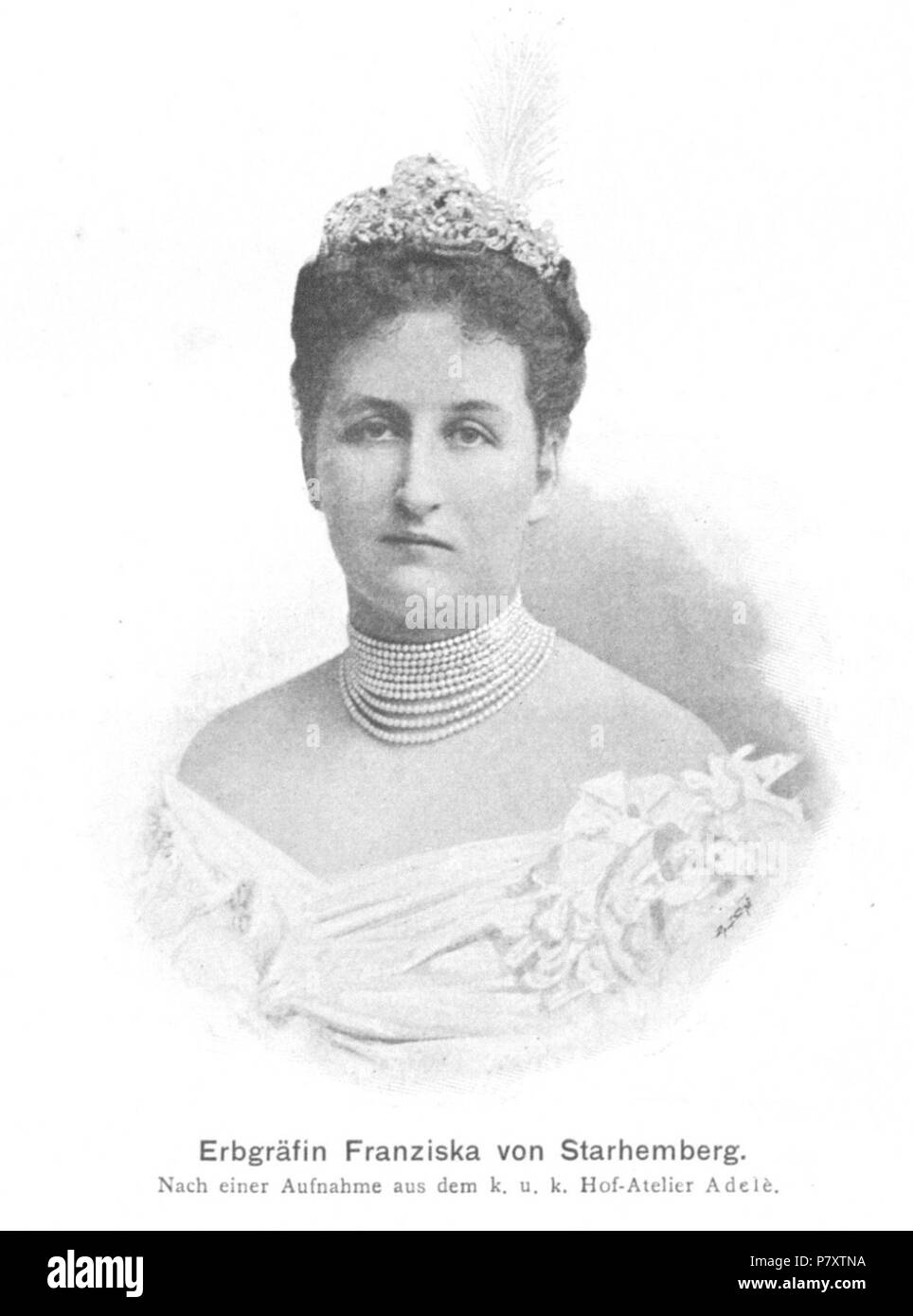 English: Porträt, Franziska (Fanny) Fürstin von Starhemberg geborene Franziska Gräfin von Larisch-Mönnich (* 24. Oktober 1875 in Wien; † 27. April 1943 in Bad Darkau (heute Karviná), der Österreichischen Politikerin. Englisch: Portrait von Fanny Starhemberg (1875-1943), österreichischer Politiker. Vor dem 4. Januar 1902 163 Franziska von Starhemberg 1902 Adele Stockfoto