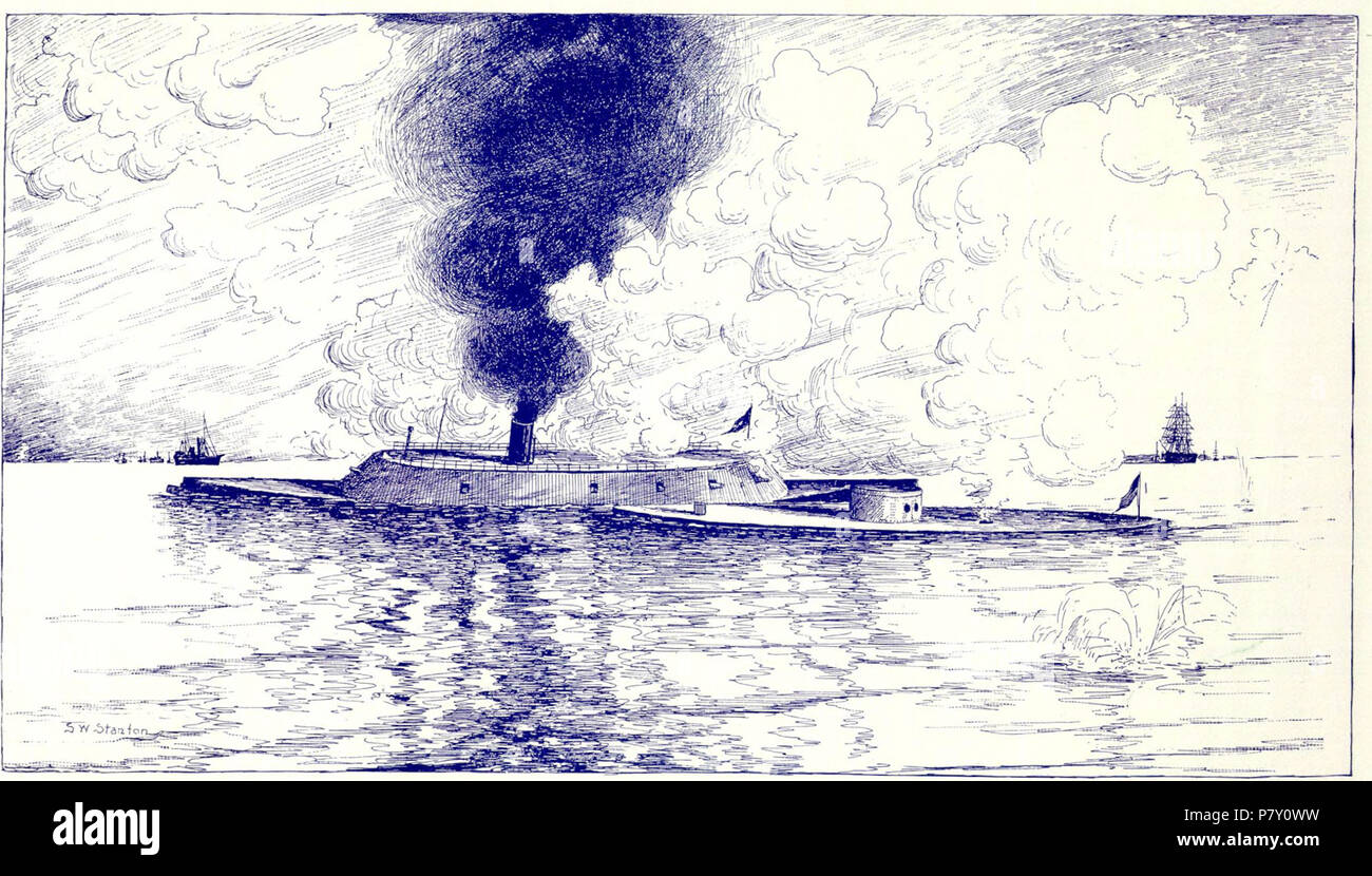 Englisch: Monitor, Union Kriegsschiff, wie sie von Samuel Ward Stanton gezeichnet. Gezeigt im Kampf mit der Konföderierten gepanzerten Dampf ram Merrimac, auch als Virginia bekannt. 1895 oder vor 276 Monitor (Kriegsschiff 1862) 01. Stockfoto