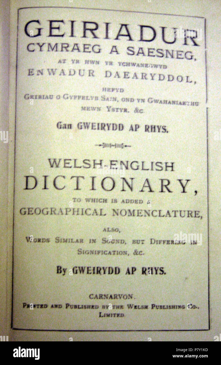 Englisch: Titel Seite von Geiriadur Deutsch eine Saesneg, eine Mitte des 19. Jahrhunderts Welsh-English Wörterbuch von Gweirydd ap Rhys (Robert John pryse, 1807-1889). Deutsch: Wynebddalen Geiriadur Deutsch eine Saesneg, geiriadur Cymraeg-Saesneg a gyhoeddwyd gan Gweirydd ap Rhys (Robert John pryse, 1807-1889) Tua ganrif chanol y19 zb. kein Datum: C. 1860 s 169 Geiriadur Cymraeg-Saesneg Gweirydd ap Rhys Stockfoto Englisch: Titel Seite von Geiriadur Deutsch eine Saesneg, eine Mitte des 19. Jahrhunderts Welsh-English Wörterbuch von Gweirydd ap Rhys (Robert John pryse, 1807-1889). Deutsch: Wynebddalen Geiriadur Deutsch eine Saesneg, geiriadur Cymraeg-Saesneg a gyhoeddwyd gan Gweirydd ap Rhys (Robert John pryse, 1807-1889) Tua ganrif chanol y19 zb. kein Datum: C. 1860 s 169 Geiriadur Cymraeg-Saesneg Gweirydd ap Rhys Stockfoto