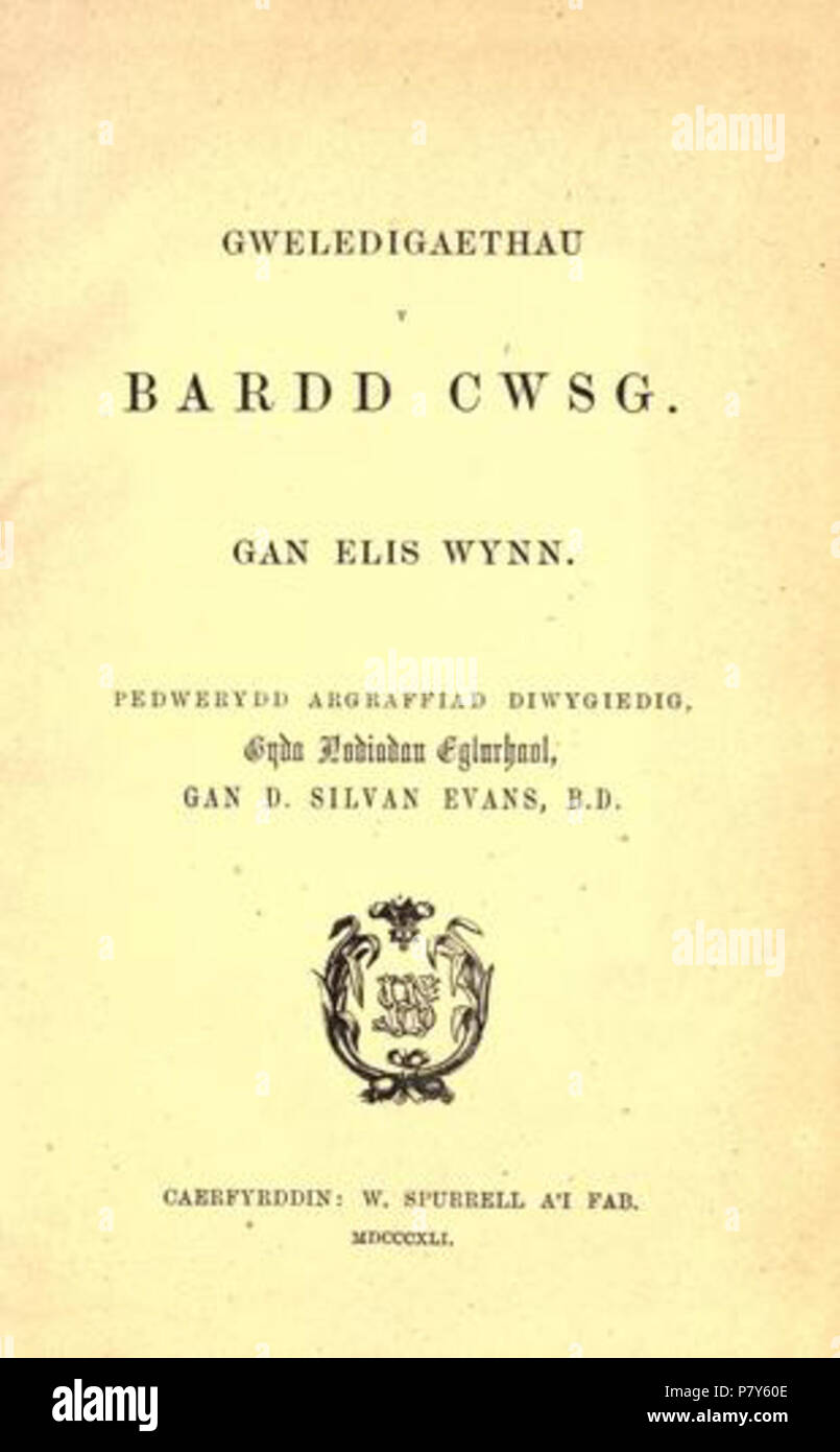 Englisch: Gweledigaethau y Bardd Cwsg, eine klassische Walisische Sprache satire Ursprünglich 1701 veröffentlicht; Papier Abdeckung der 4 William Spurrell Edition (Berlin, 1841), herausgegeben von Gelehrten D. Silvan Evans. Deutsch: Bardd Cwsg Gweledigaethau y, y o clasur lyfr gan Ellis Wynne eine ganddo gyhoeddwyd Yn 1701; clawr papur 4ydd argraffiad William Spurrell (Caerfyrddin, 1841), golygwyd Gan yr ysgolhaig D. Silvan Evans. 1701 Buch; 1841 Edition 179 Gweledigaethau'r Bardd Cwsg D. S. Evans (Hrsg.) 4. Stockfoto Englisch: Gweledigaethau y Bardd Cwsg, eine klassische Walisische Sprache satire Ursprünglich 1701 veröffentlicht; Papier Abdeckung der 4 William Spurrell Edition (Berlin, 1841), herausgegeben von Gelehrten D. Silvan Evans. Deutsch: Bardd Cwsg Gweledigaethau y, y o clasur lyfr gan Ellis Wynne eine ganddo gyhoeddwyd Yn 1701; clawr papur 4ydd argraffiad William Spurrell (Caerfyrddin, 1841), golygwyd Gan yr ysgolhaig D. Silvan Evans. 1701 Buch; 1841 Edition 179 Gweledigaethau'r Bardd Cwsg D. S. Evans (Hrsg.) 4. Stockfoto