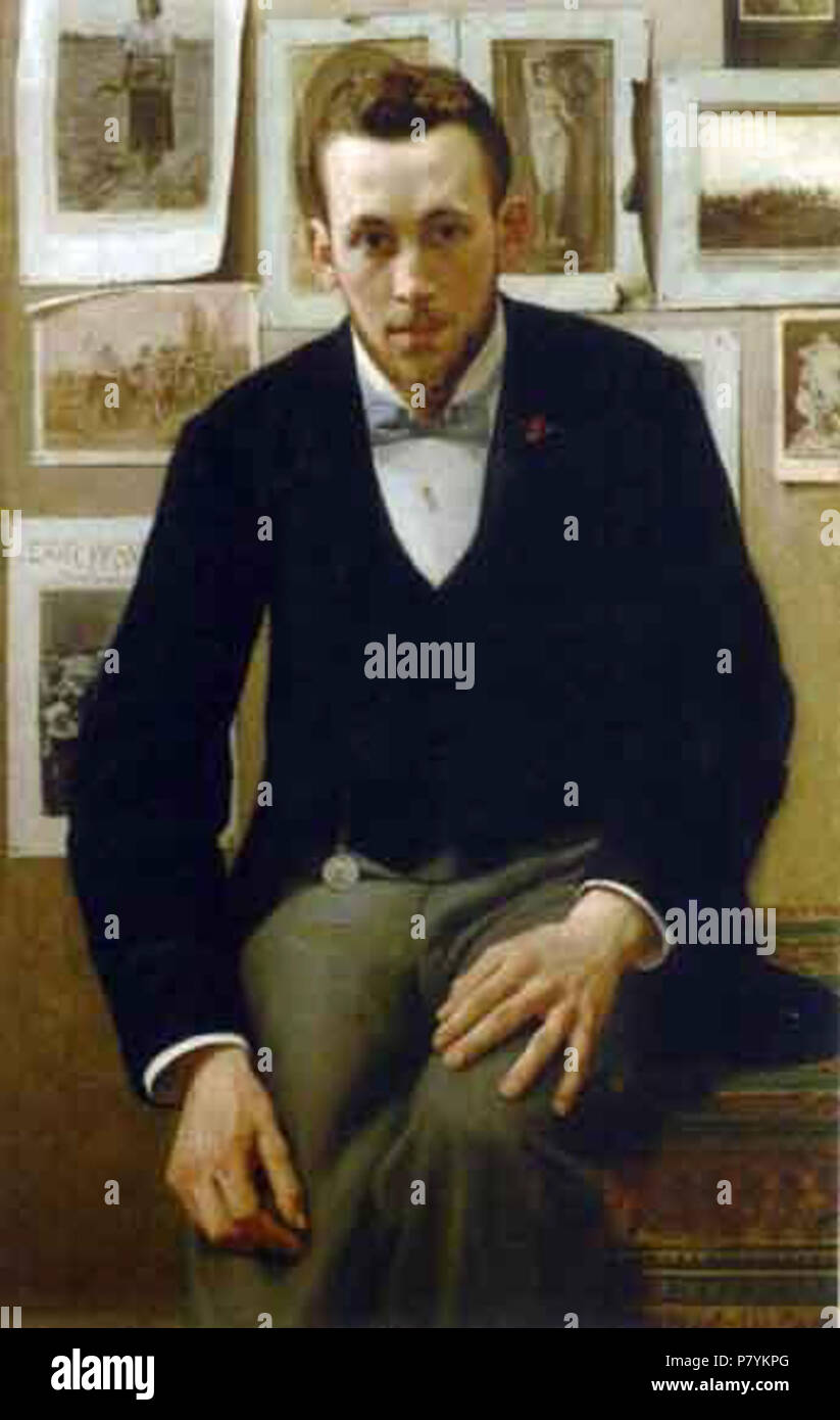 . Englisch: Mann sitzt vor einer Wand dekoriert mit Drucke und Zeichnungen zwischen 1890 und 1935 220 Jef Leempoels-Mann sitzt vor einer Wand dekoriert mit Drucke und Zeichnungen Stockfoto