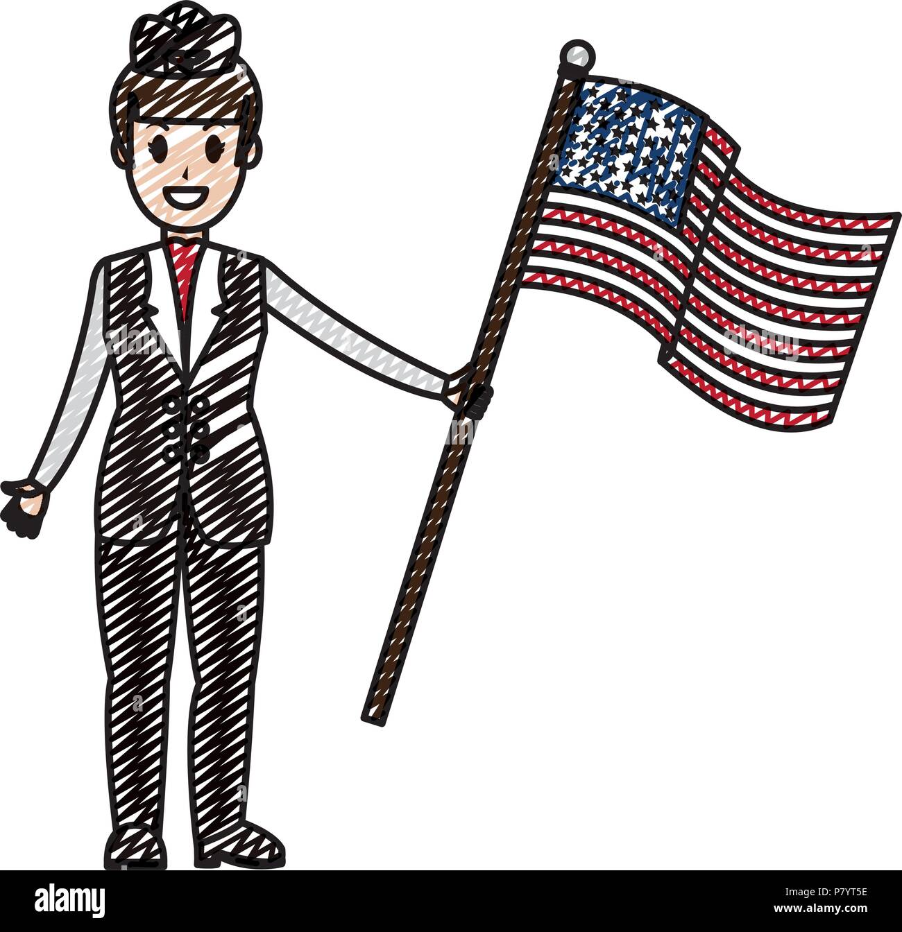 Doodle glücklich Stewardess mit USA-Flagge Nation Stock Vektor