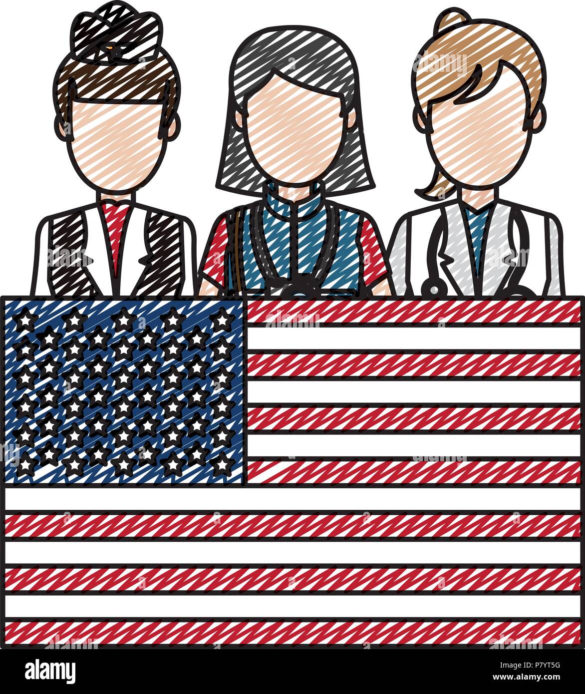 Doodle professionelle Frauen mit USA-Flagge patriotisch Stock Vektor