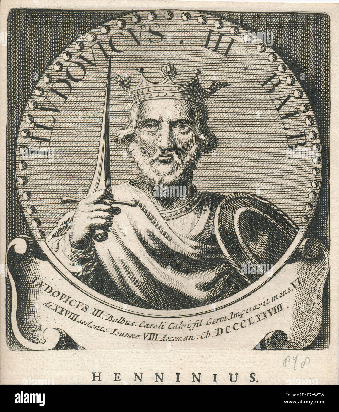 . Nederlands: Lodewijk de Stamelaar Englisch: Louis III. Nederlands: Tiefdruck in Medaillon van Lodewijk de Stamelaar, zoon van Karel de Kale, Koning van West Francie van 877-879 Englisch: Gravur in Medaillon von Ludwig II., dem stotterer, Sohn von Karl der Kahle, König von West Francia 877-879. N/A 249 Lodewijk de Stamelaar Erfgoedcentrum Rozet 300 191 d 6 C (107) 20171115 0001 Stockfoto