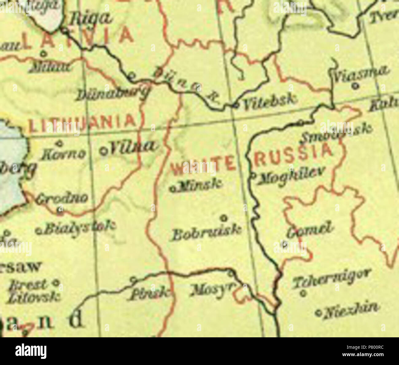 Englisch: Karte Europas unmittelbar nach dem Ersten Weltkrieg. Vor dem Ersten Weltkrieg Grenzen sind in Farbe gehalten, während die neuen Mitgliedstaaten, die nach dem Ersten Weltkrieg entstand in mit roten Grenzen dargestellt werden (siehe Bild unten). 154 Europa 1918 (Russland) Stockfoto