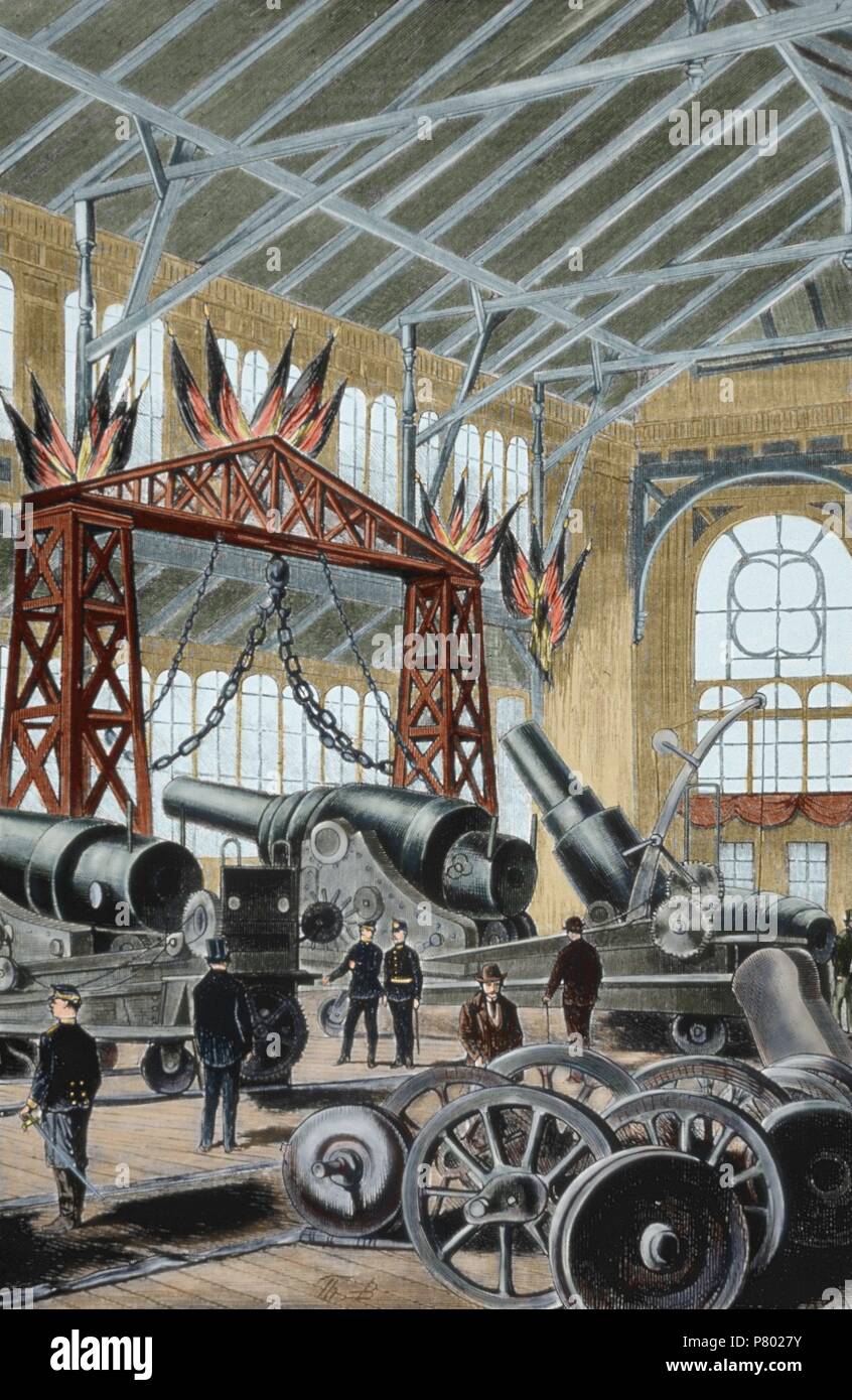 Österreich. Wien. Weltausstellung 1873. Krupp-Pavillon. Innenraum. Gravur. Farbige. Stockfoto