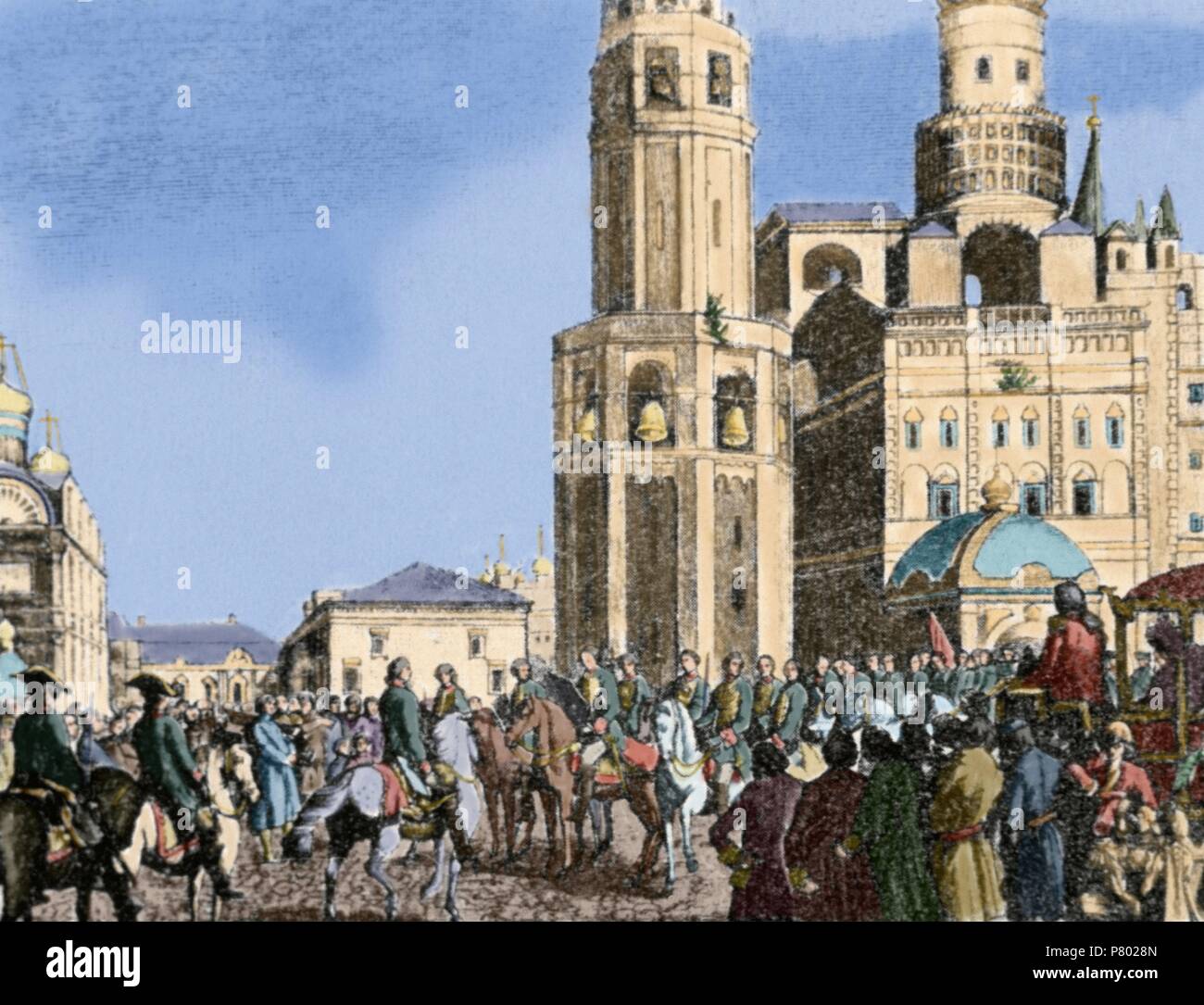 Katharina die große (1729-1796). Kaiserin und Autokrat aller Reußen. Sekretärin des Senats, begleitet von zwei Herolde und die Band der Garde, kümmert sich um die Krönung von Catherine II in Moskau. Kupferstich von Aleksei Kulpacnikov, 18. Jahrhundert. Farbige. Stockfoto