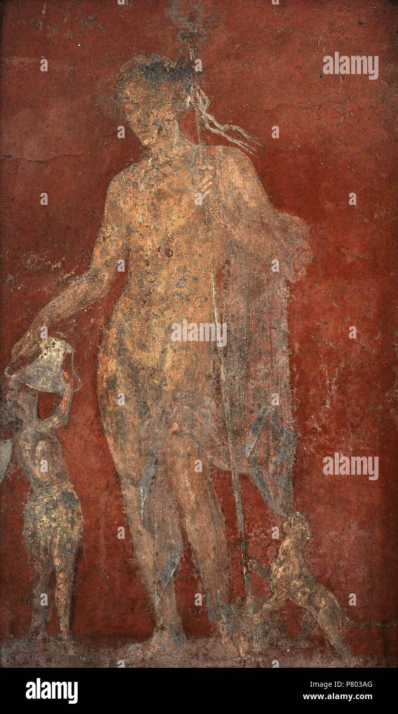 Eine junge Dionysos, begleitet von der Panther ihm, heilig hält ein Cantharus, die er zu einem Satyr senkt trinkt seinen Inhalt. Atrium. Italien. Stockfoto