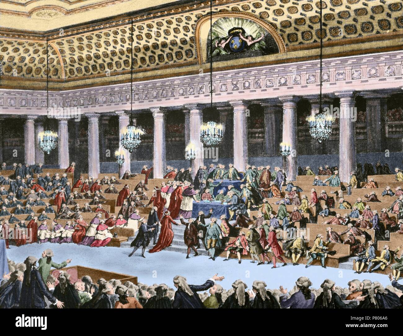 Französische Revolution (1789-1799). Nationalversammlung am 4. und 5. August 1789. Gravur der Zeit. Farbige. Stockfoto