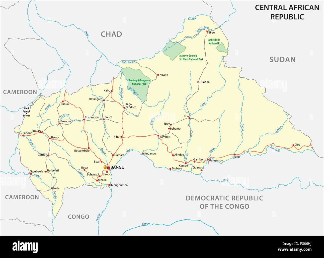 Zentralafrikanische Republik Straße Vektorkarte Stock Vektor