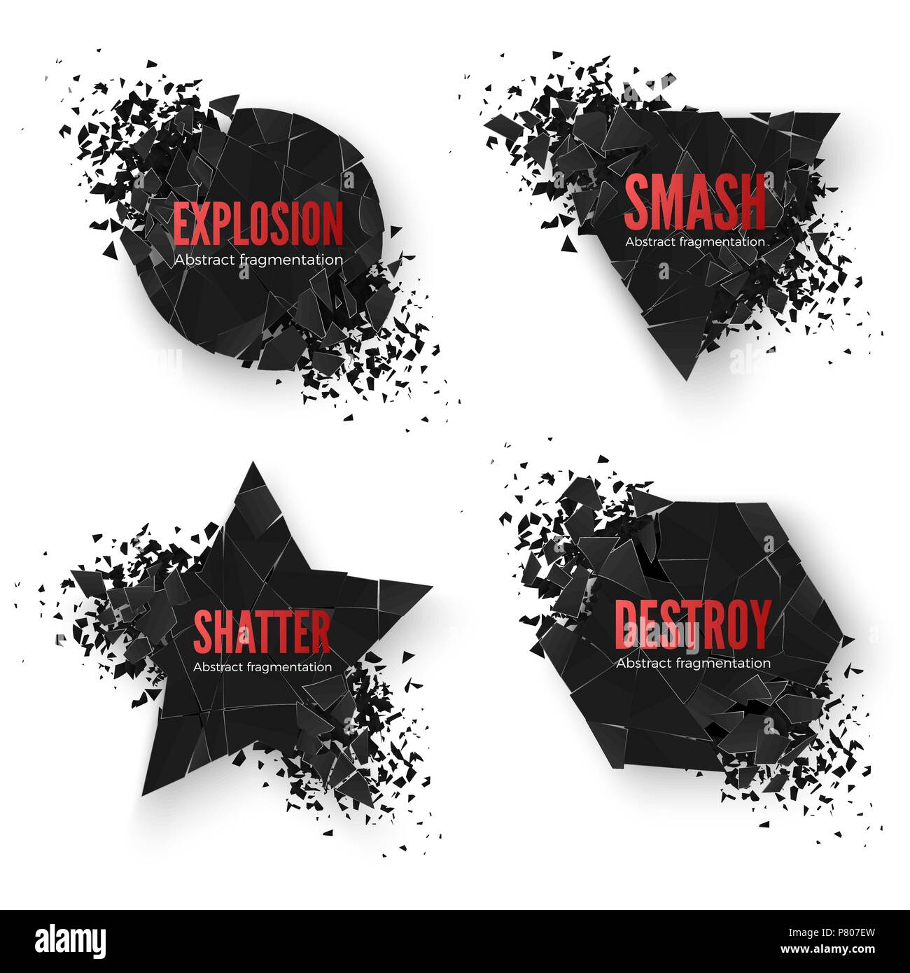 Set mit geometrischen kreative Banner mit Platz für Text. Kreis und Sechskant, Stern und Dreieck Zerstörung formen. Abstrakte Explosion von schwarzen Gestalten. V Stock Vektor