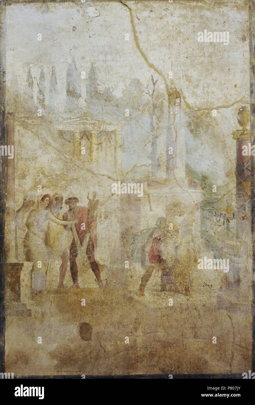 Römischen Fresko Ulysses Durchführung der Palladium (Statue der Athene), dass er aus dem Tempel gestohlen hat. 1. Triclinium. Haus der Schauspieler oder die Mimen. Pompeji. Nationalen Archäologischen Museum. Neapel. Italien. Stockfoto