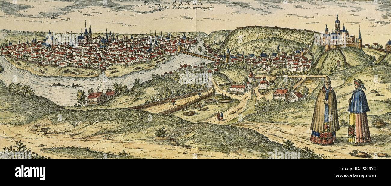 Der Tschechischen Republik. Prag. Panorama der Stadt mit der Moldau, im 17. Jahrhundert. Lithographie. Stockfoto