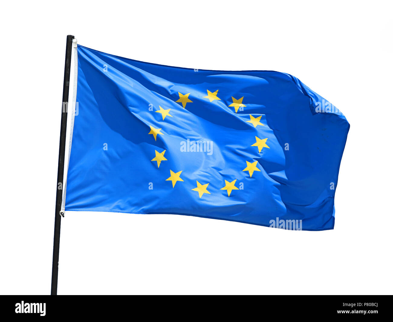 Wehende Flagge der Europäischen Union isoliert auf weißem Hintergrund Stockfoto