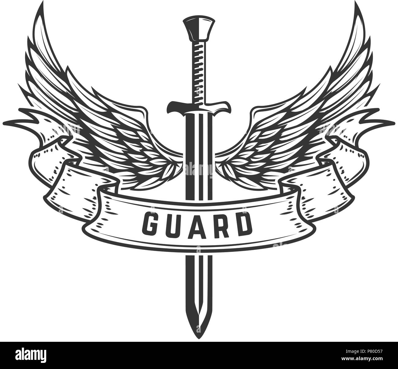 Guard. Emblem Vorlage mit geflügelten Schwertes. Vector Illustration Stock Vektor