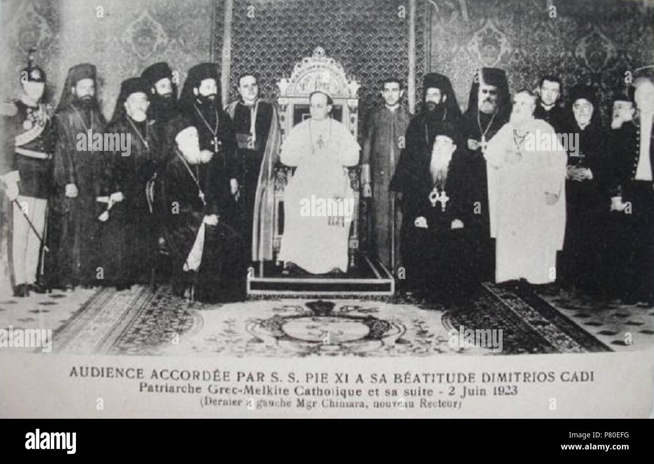 Englisch: Bild der Päpstliche Audienz von Papst Pius XI. zu demetrius ich Kadi, dem Patriarchen der melkitischen griechisch-katholischen Kirche gewährt wird, und seine Suite im Juni 1923. Zeitgenössische Postkarte. 31 August 2013, 19:10:53 315 Papst Pius XI. mit dem Patriarchen der melkitischen griechisch-katholischen Kirche Stockfoto