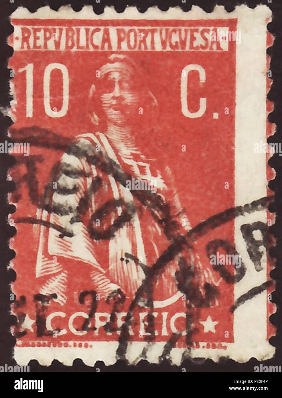 Stempel von Portugal; 1920; endgültige Stempel der Frage 'Ceres'; Stempel Poststempel Stempel: Michel: Nr. 213 Cx; Yvert et Tellier: Nr. 215 a; AFA: Nr. 213 b Farbe: hell braun rot auf normalem Papier Wasserzeichen: keine Nennwert: 10 C (Centavos) Porto Gültigkeit: von 1920 bis zum 30. November 1926 Stempel Bild Größe (Fläche ohne Namen Zeile gedruckt): 17,5 x 25,0 mm. 1920 (erste Ausgabe des Stempels) 317 POR 1920 MiNr 0213 Cx pm B002 Stockfoto