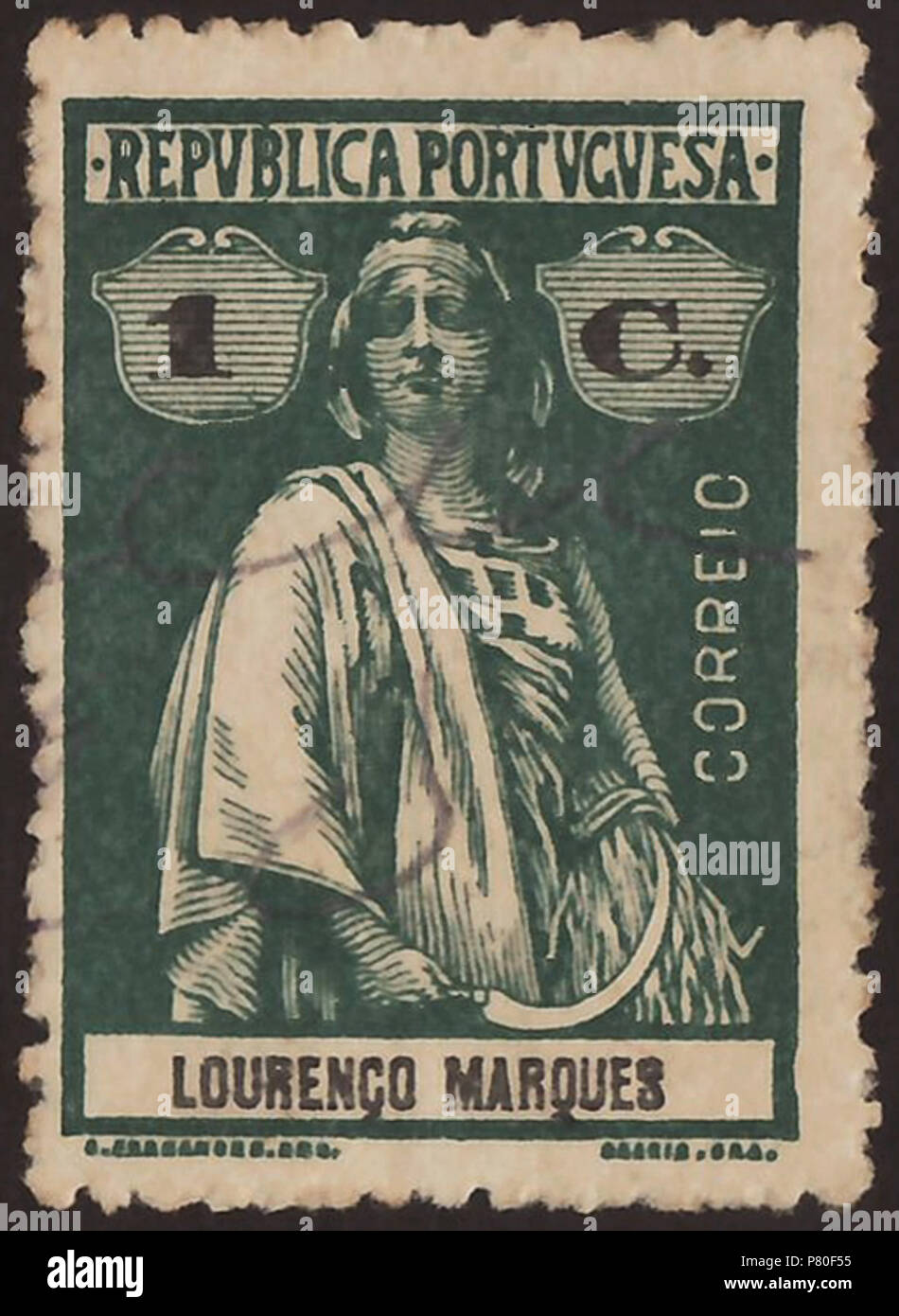 Stempel der Lourenço Marques (Portugiesische Mosambik); 1914; endgültige Stempel der Frage 'Ceres-koloniale Fragen"; Postfrische Marke (Gummierung auf der Rückseite) Stempel: Michel: Nr. 119; Yvert et Tellier: Nr. 119 Farbe: Grün/Schwarz auf "aper-beschichtetes Papier (Hinweis: In der englischsprachigen Literatur ist irgendwann der Begriff verwendet, sind aper-beschichtete" als Beschreibung für das Papier dieser Briefmarken ohne zu verstärken. Vermutlich geht es um eine frühe Prozess der Papierbeschichtung durch die Verwendung von Polymeren Kohlenhydrat auf der Basis von Stärke aus Heften - essen Pflanzen gewonnen ('Reaper Pflanzen").) Wasserzeichen: keine Nennwert: 1C (Centav Stockfoto